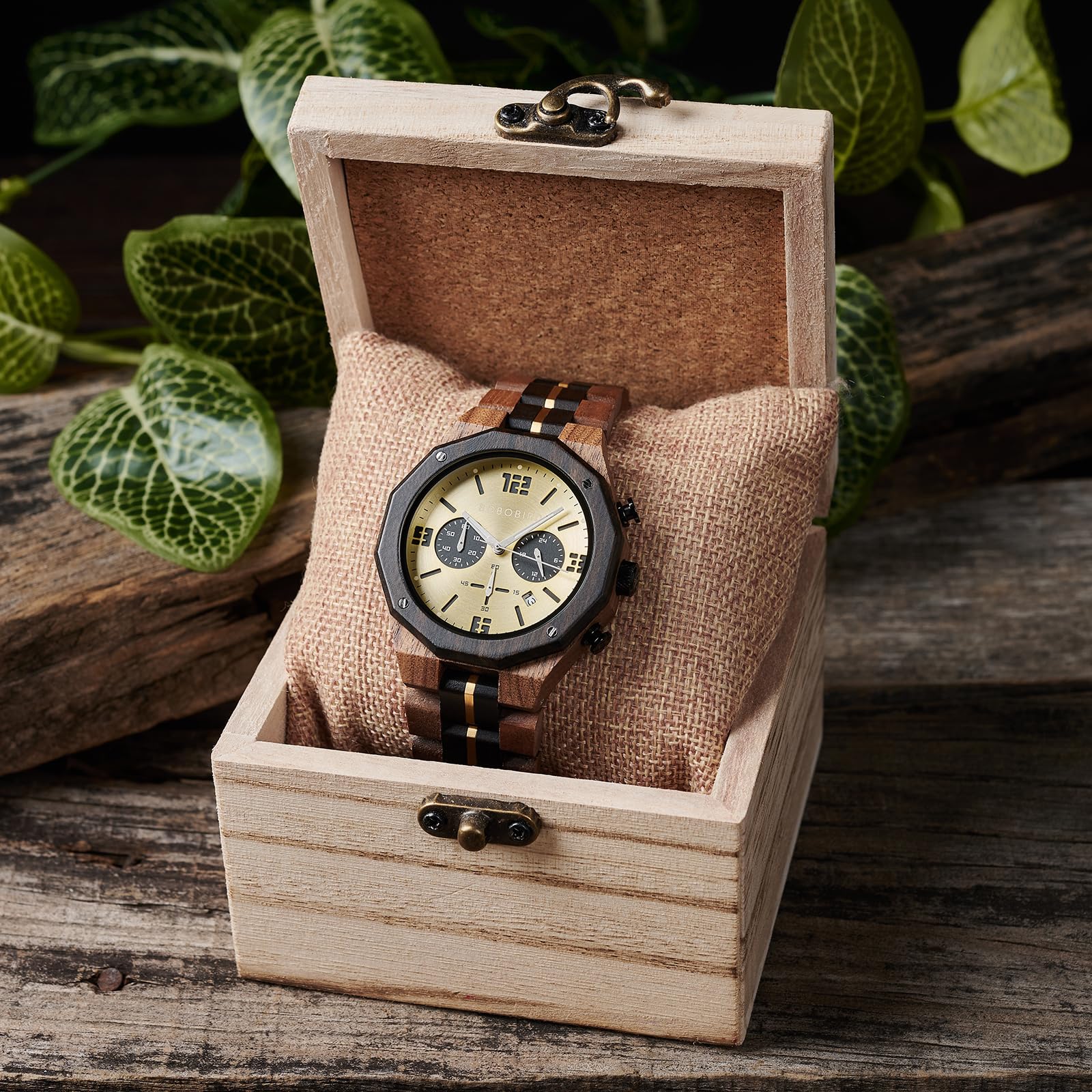 BOBO BIRD Orologio da uomo in legno, sportivo, moderno, casual, cronografo, al quarzo, orologio da polso da uomo, cinturino in acciaio inossidabile con visualizzazione della data (oro), oro, M