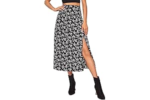 Flowy Floral Fantasy: Boho High-Waisted Split A Line Midi Skirt for Women