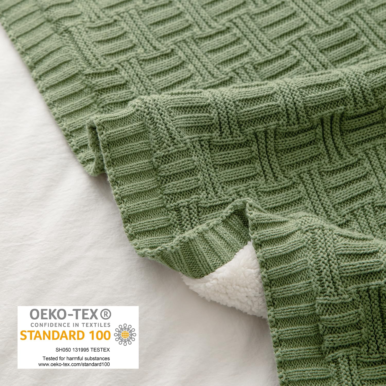 MYLUNE Home Sherpa Decke Baumwolle Strickdecke Öko-Tex 180x200cm 660GSM Dicke Kuscheldecke Flauschig Sofadecke Wohndecke Tagesdecke Bettüberwurf Warme Gehäkelte Decke Herbst Winter Blanket Olivgrün