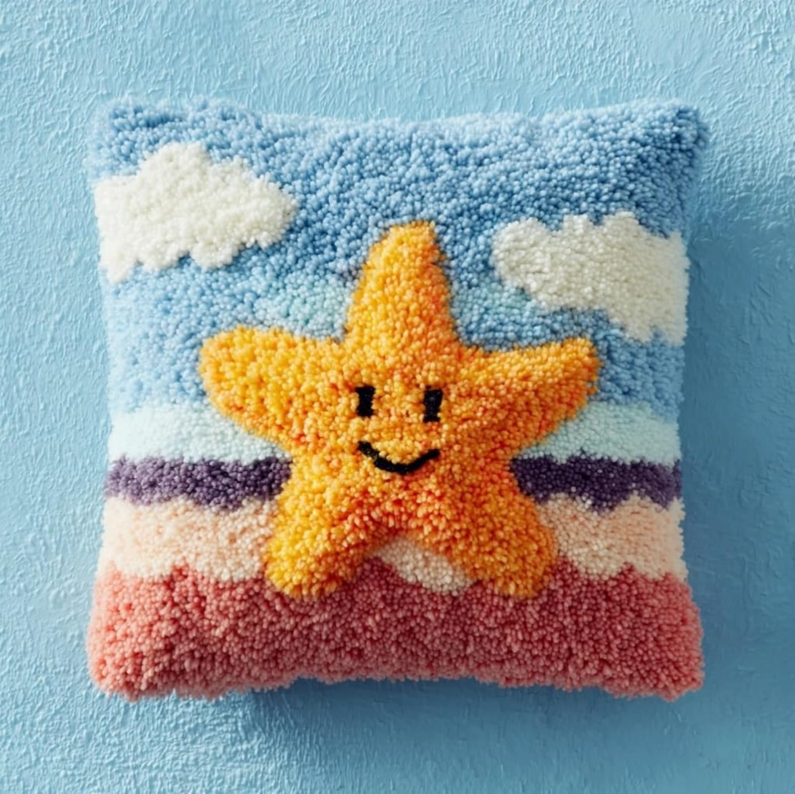 AxiangziK 43x43cm Latch Hook Cushion Making Kit,Cute Starfish DIY Latch Hook Pillow Cover kit,Soft Yarn Pillow Set,Ideal Creative Gift for Adults