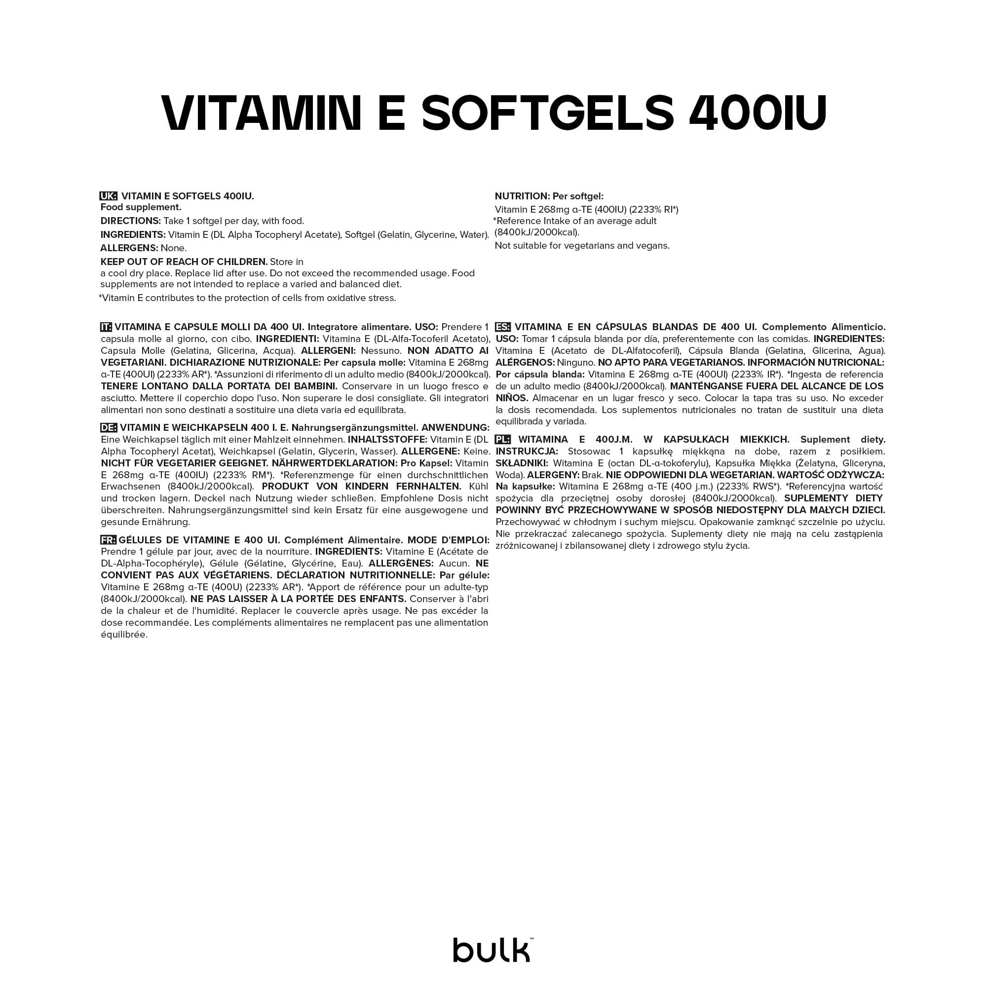 Bulk Vitamin E Weichkapseln, 400IU, 270 Kapseln, Verpackung Kann Variieren