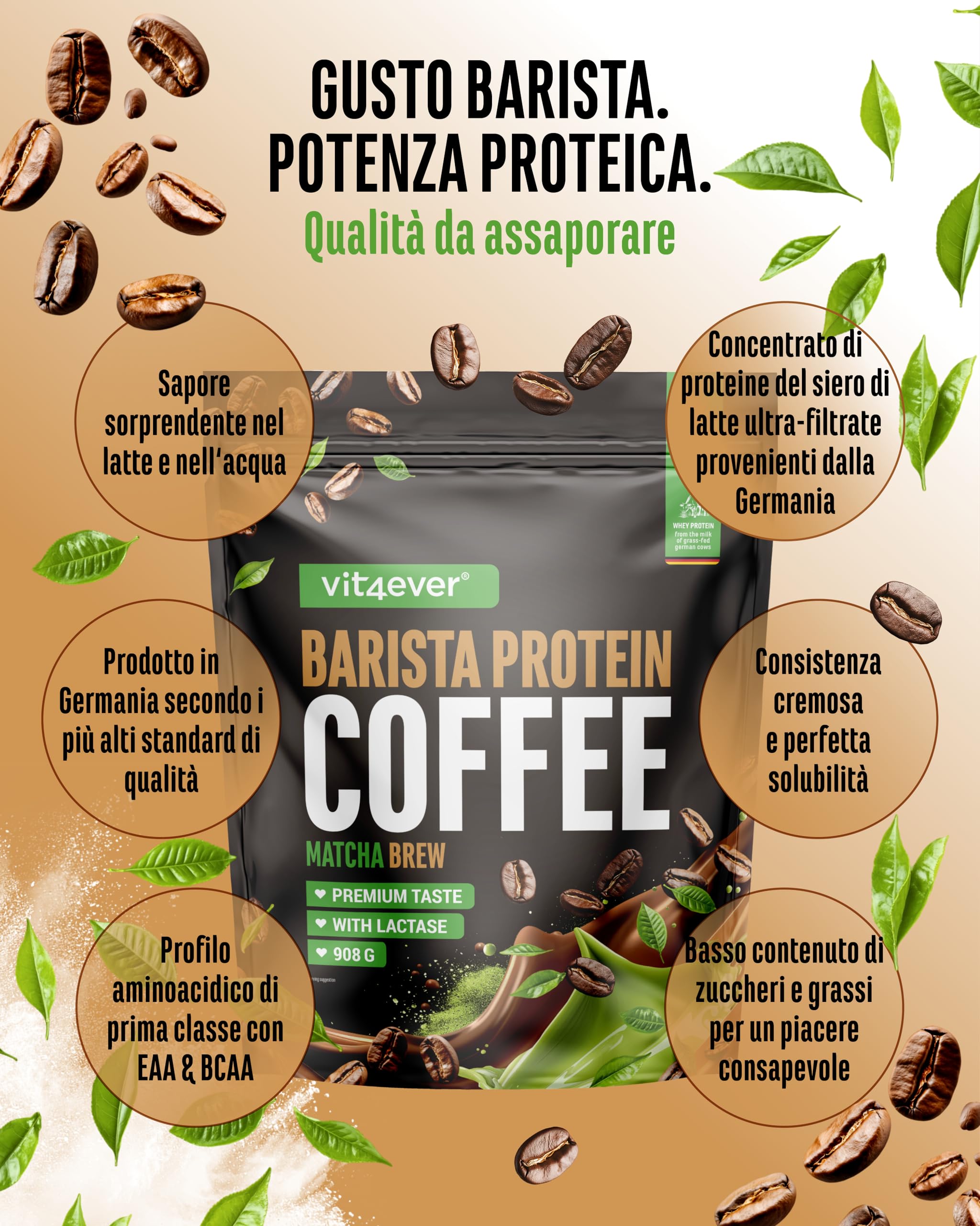 vit4ever Barista Protein Coffee - 908 g - Matcha Brew | Caffè Proteico con fino a 20 g di Proteine per Porzione - Con Vero Caffè e Caffeina - A Basso Contenuto di Zuccheri e Grassi