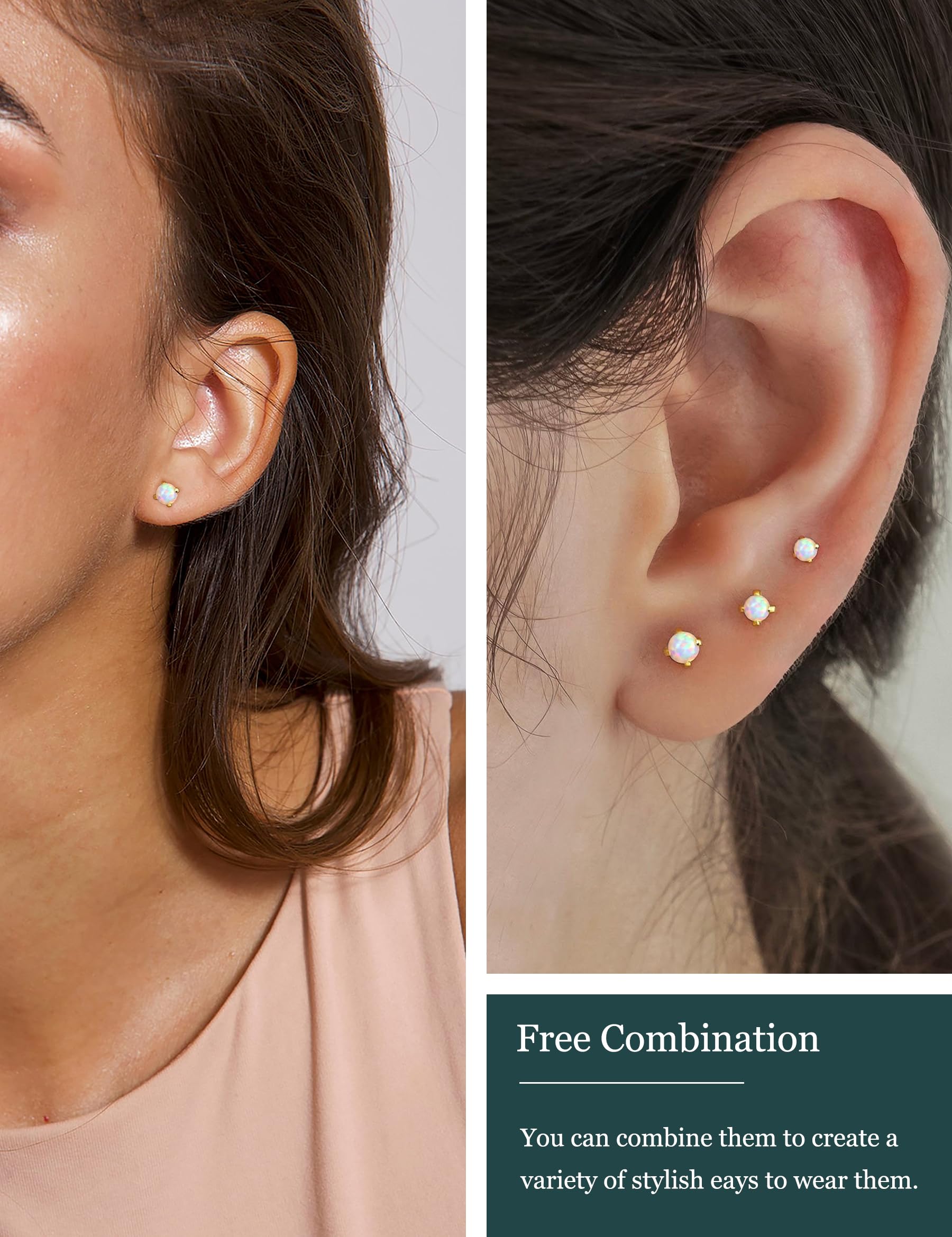 3 Pairs 14k Gold Stud Earrings for Women Hypoallergenic 925 Sterling Silver Post Dainty Silver Cartilage Tragus Earrings Stacks Set Trendy Small Diamond Heart Multiple Piercing Jewelry for Men: G.Gold -Opal -3 Pairs