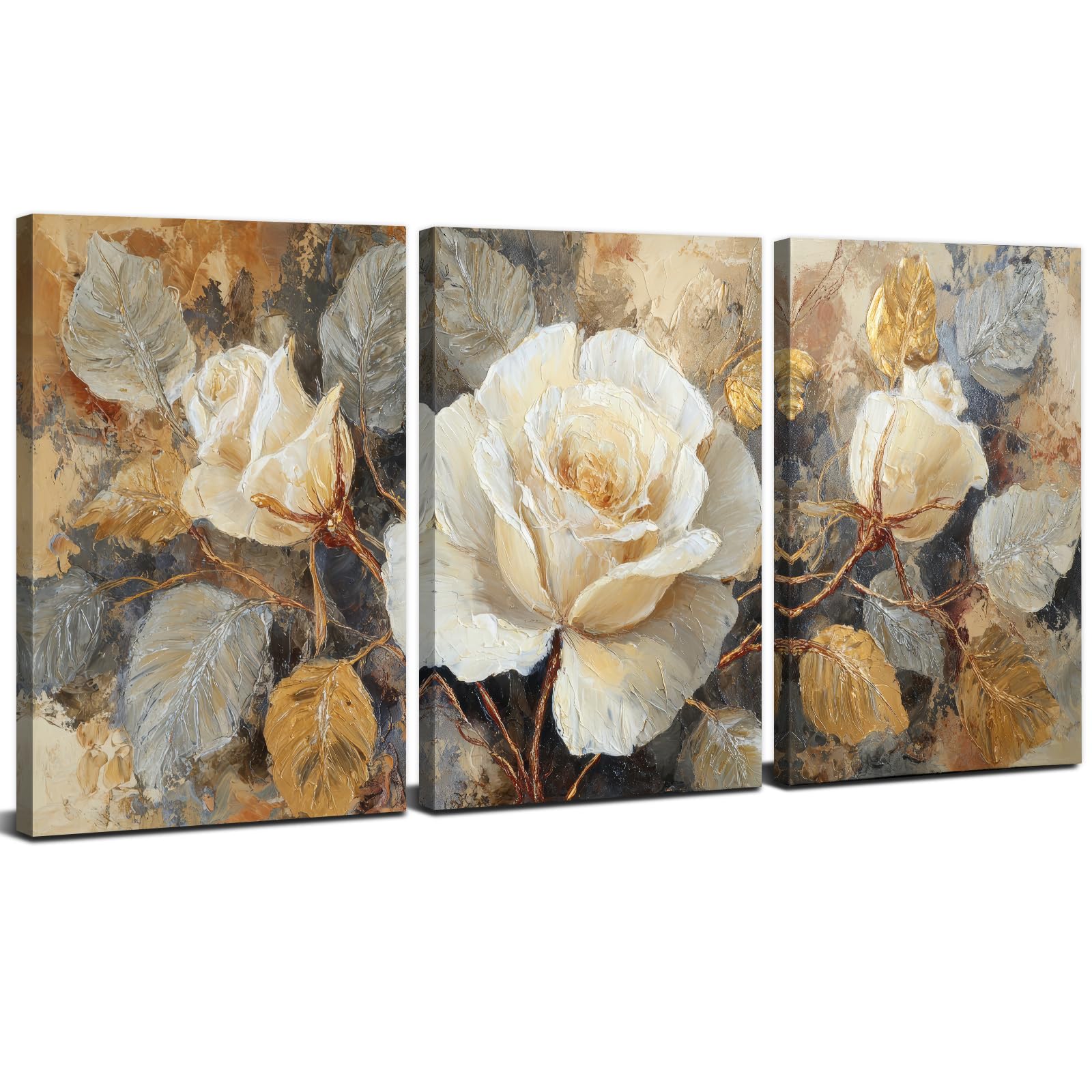 3 Pcs Abstract Floral Canvas Wall Art for Living Room Vintage White Rose Wall Decor Watercolor Blossom Flowers Paintings Rustic Botanical Leaf Prints for Walls Neutral Artwork Home Decorations 12x16"