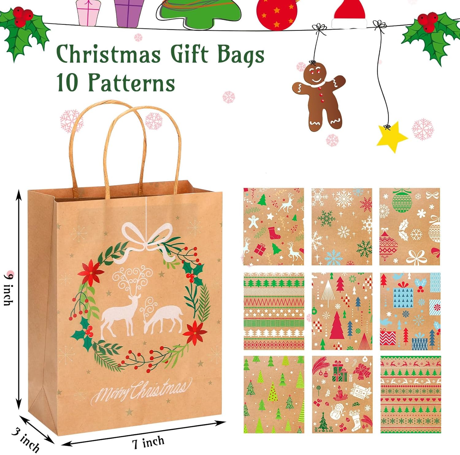Cholemy 200 Pcs Christmas Gift Bags Bulk, 9 x 7 x 3 Kraft Paper Bags with Handle Goody Treat Bags for Xmas Party Favors Special Holiday Gifts, 10 Style(Classic Colors) - Image 3