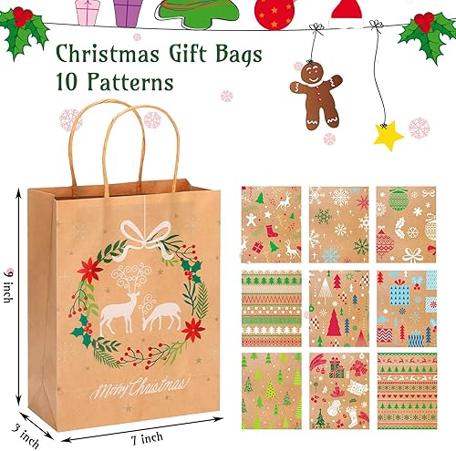 Miniatura 3 de 200 bolsas de regalo de Navidad a granel, 9 x 7 x 3 pulgadas, bolsas de papel kraft de Navidad con asa, bolsas de regalo de Navidad para regalos de