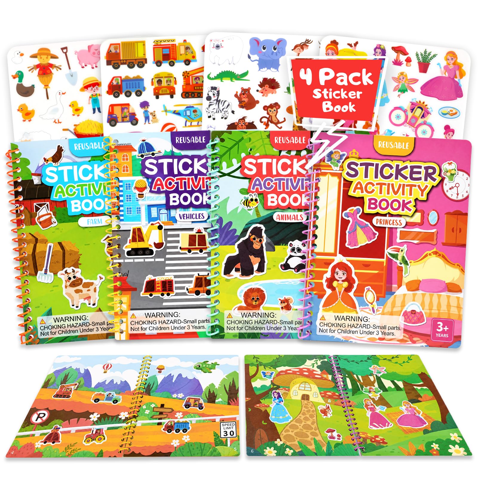 4 Pack Reusable 3D Jelly Sticker Book with Spiral Binding for Toddlers