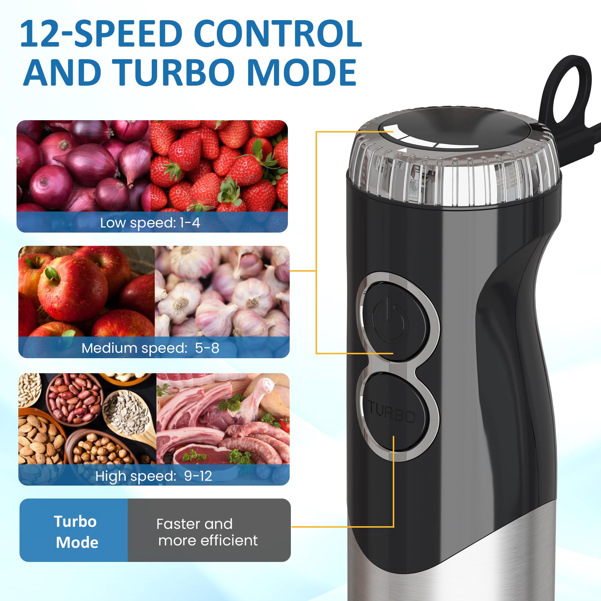 Mixeur plongeant professionnel de 1000 W, blender à immersion haute résistance à 12 vitesses avec 10 accessoires, hachoir à aliments de 500 ml, fouet en acier inoxydable