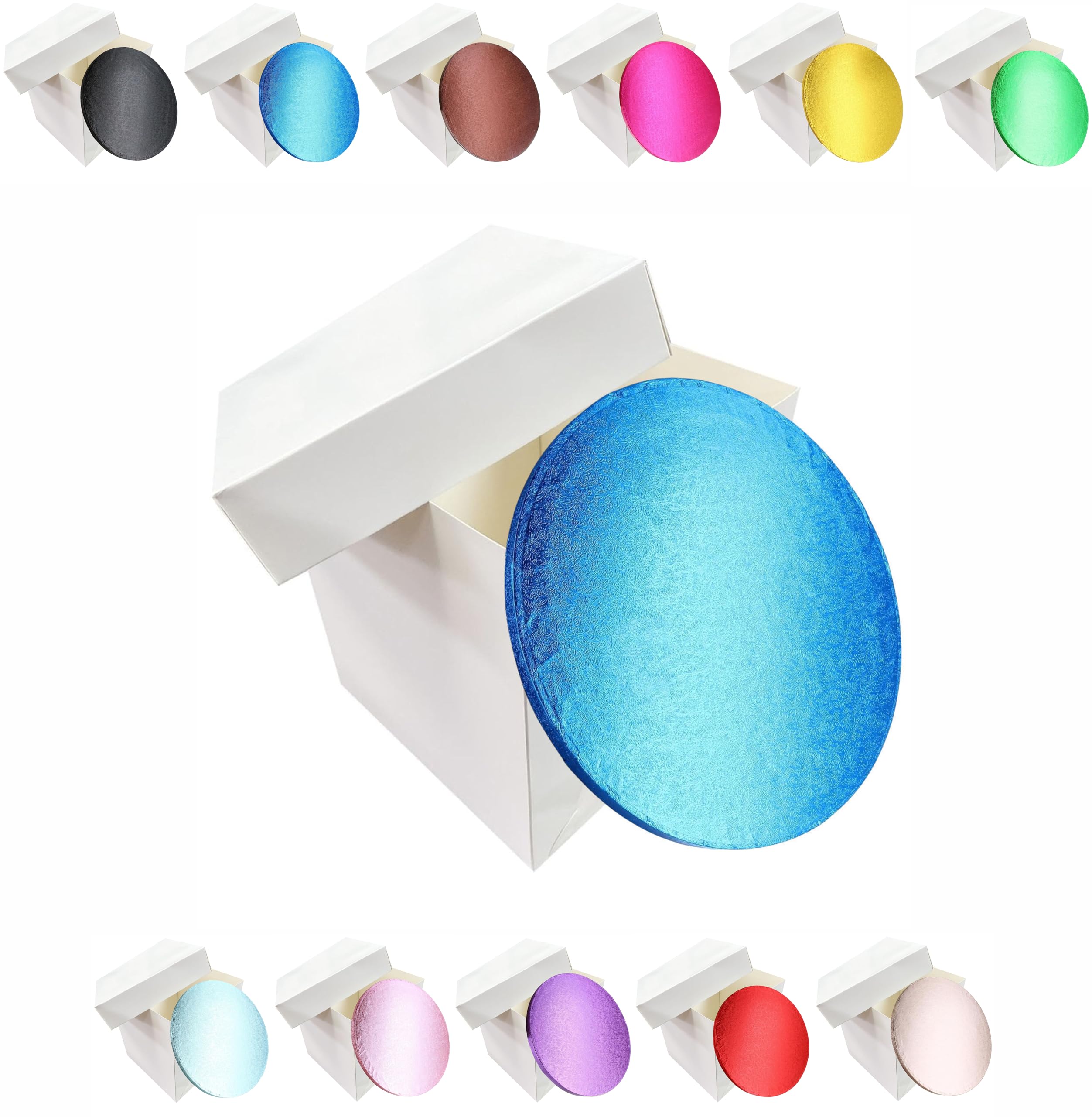 LARRYROO Tall White Extra Deep Cake Box + Lid & Round Colour Cake Drum Board Combo Pack for High Celebration, Wedding, Birthday Cakes (Blue, 12 Inch)