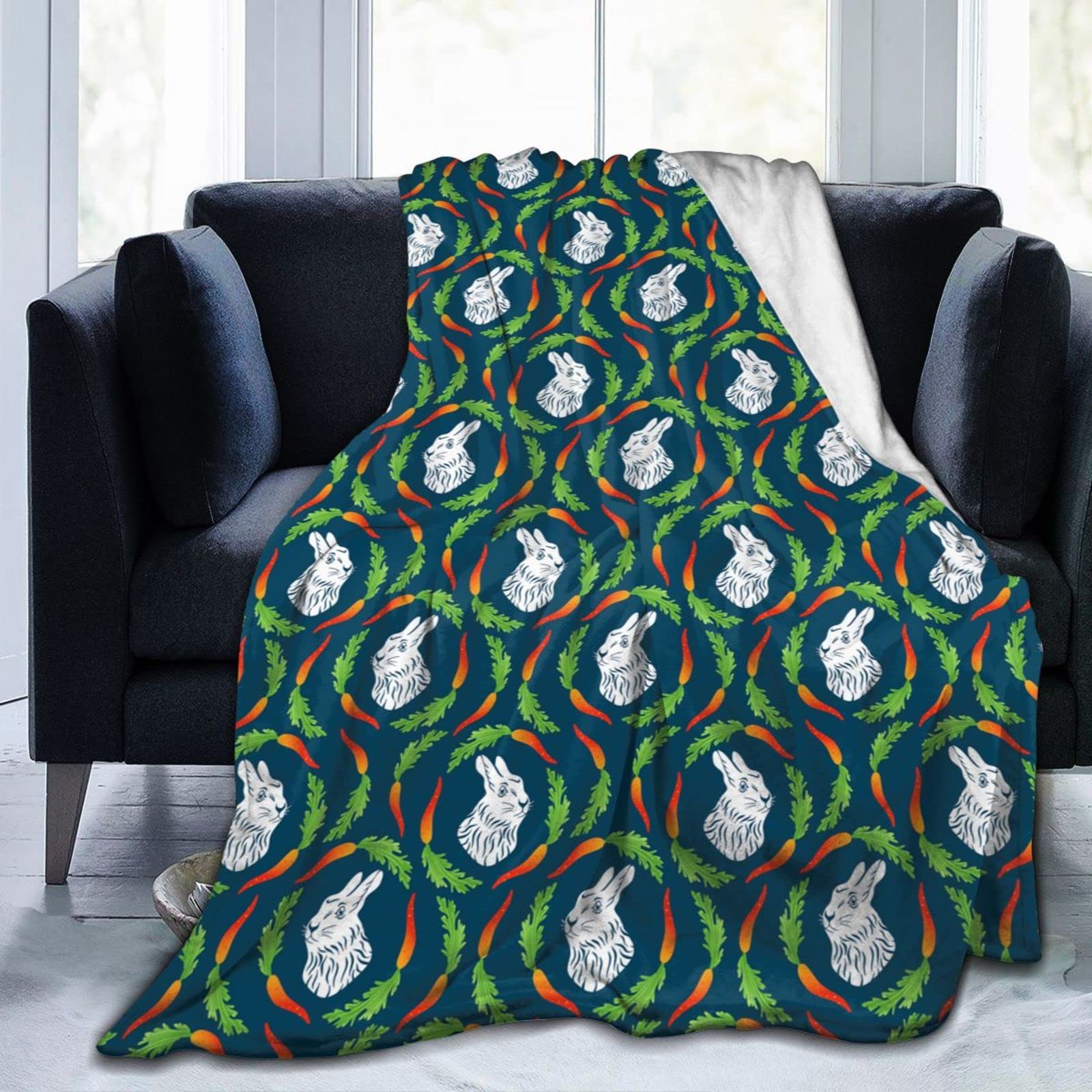 Lsjuee Rabbit and Carrot Throw Blanket Soft Warm Cozy Lightweight Blankets Cute Easter Bunny Flannel Blanket for Sofa Couch Bed Office Holiday Decorative 80"X60"
