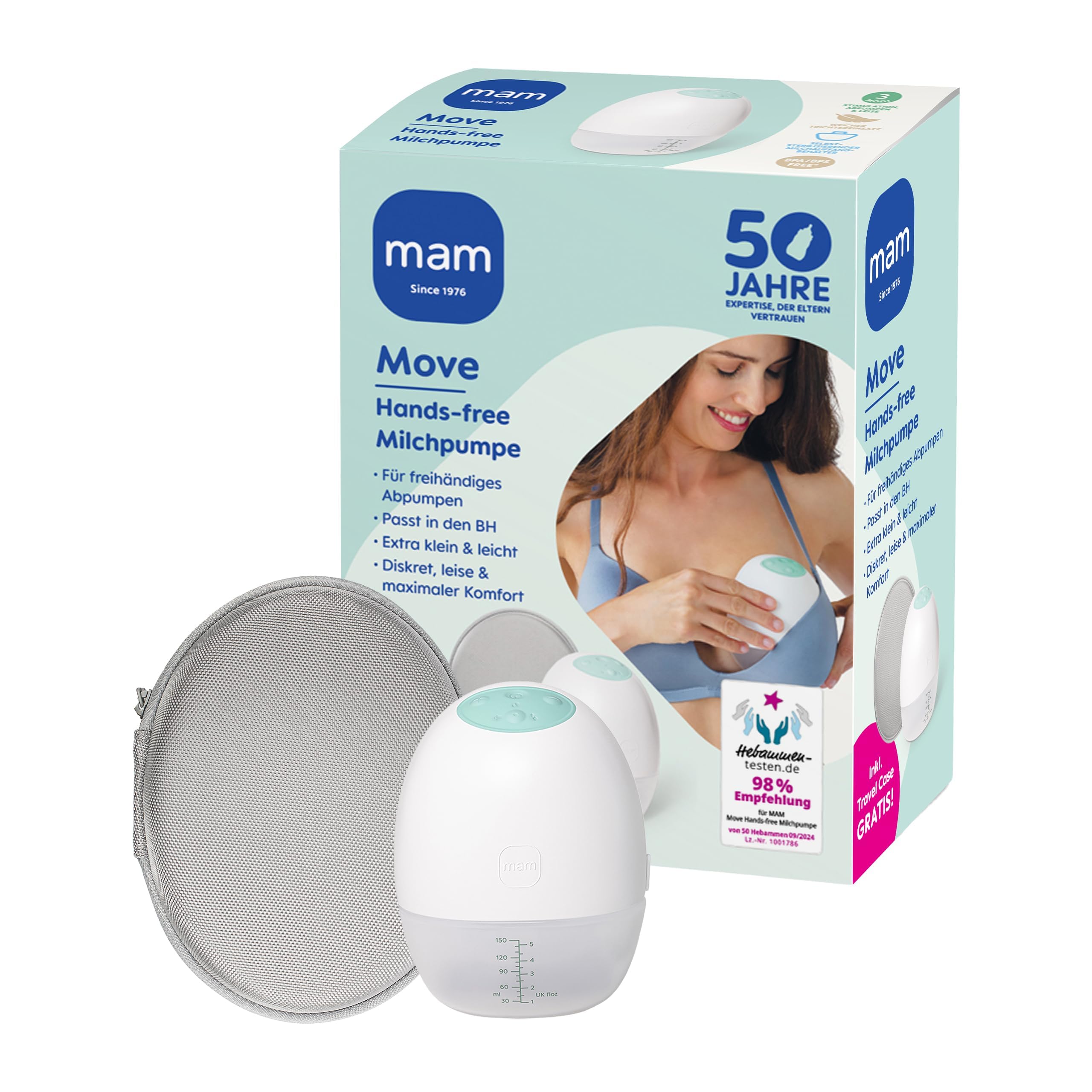 MAM Move Milchpumpe | 50-Jahre MAM Jubiläum Set inkl. kostenlosem Travel Case | Handsfree ohne Schläuche oder Kabel | schlankes Design passt in jeden BH | 3 Modi für diskretes und effizientes Abpumpen - 2