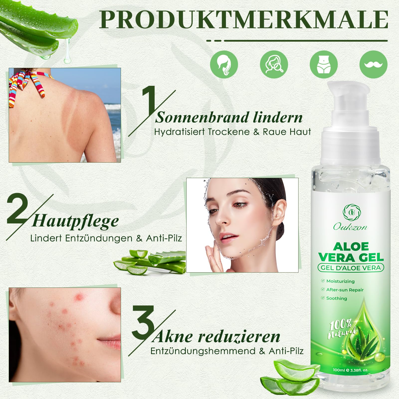 Żelowy żel Aloe Vera, żel nawilżający Aloe Vera do suchej, zestresowanej skóry i oparzeń słonecznych - 100% naturalny balsam po opalaniu do twarzy, ciała, włosów, 100ml