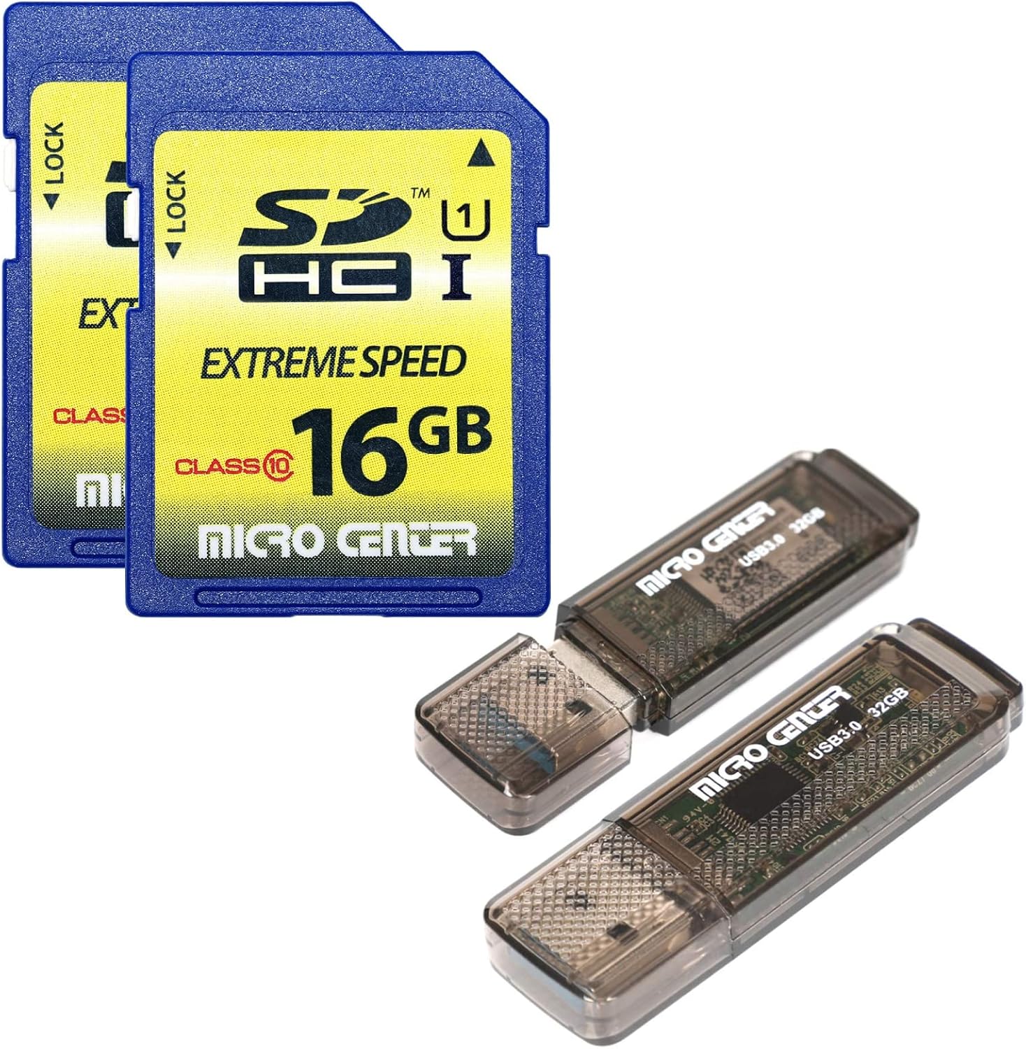 INLAND Micro Center 2-Pack 16GB SD Card Class 10 SDXC Flash Memory Card Bundle with 2-Pack 32GB USB3.0 Flash Drives (4-Pack in Total)