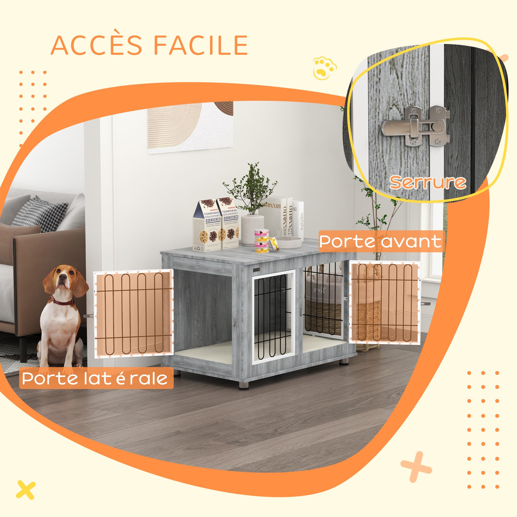 PawHut Cage pour Chien Meuble Cage Chien intérieur Table d'appoint Multi-usages avec Double Porte et Coussin - Niche pour Chien Moyenne et Grande Taille - 90 x 58 x 65 cm, Aspect Gris