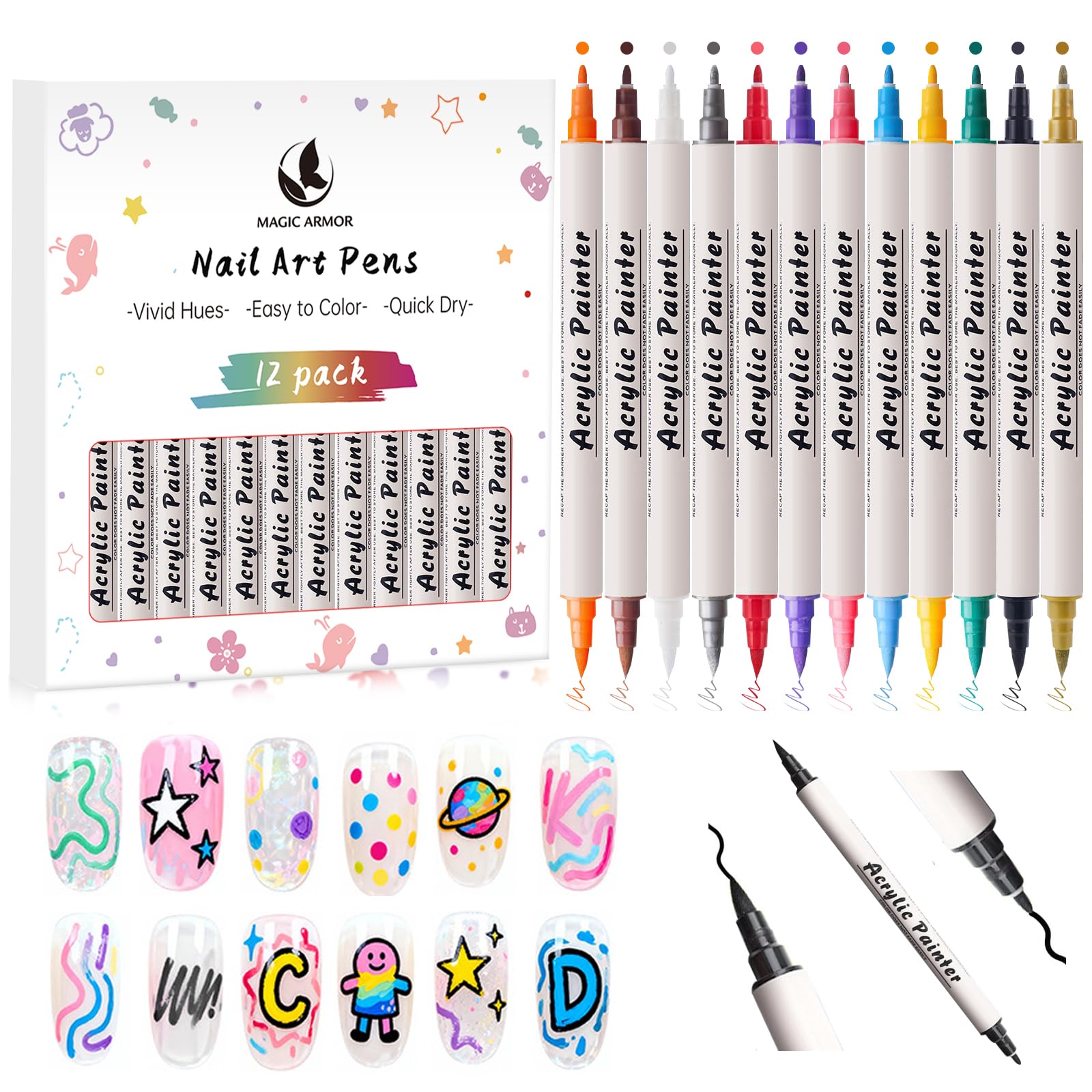 Nail Art Pens Set, 12 Colors Nail Art Markers, Quick-Drying Acrylic Paint Markers, Dual-tip Nail Polish Pens for Nail Point Graffiti, Dotting Liner Brush for DIY Nail Design, Home & Salon