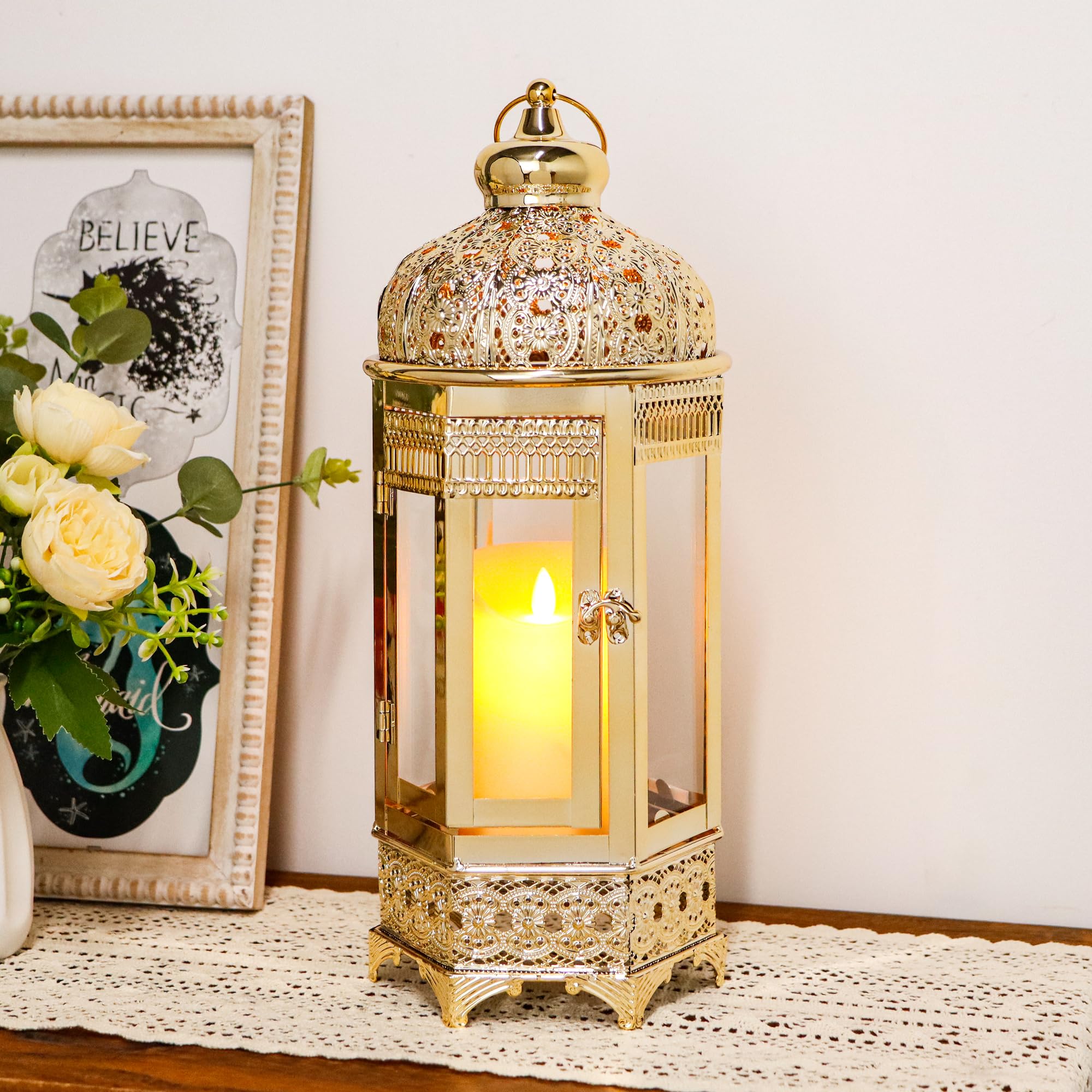 TRIROCKS Moroccan Candle Lantern 41cm High Gold Candle Holder with Tempered Glass Decorative Indoor Outdoor Ramadan Lantern for Living Room Garden Yard Patio Parties Events (Gold)
