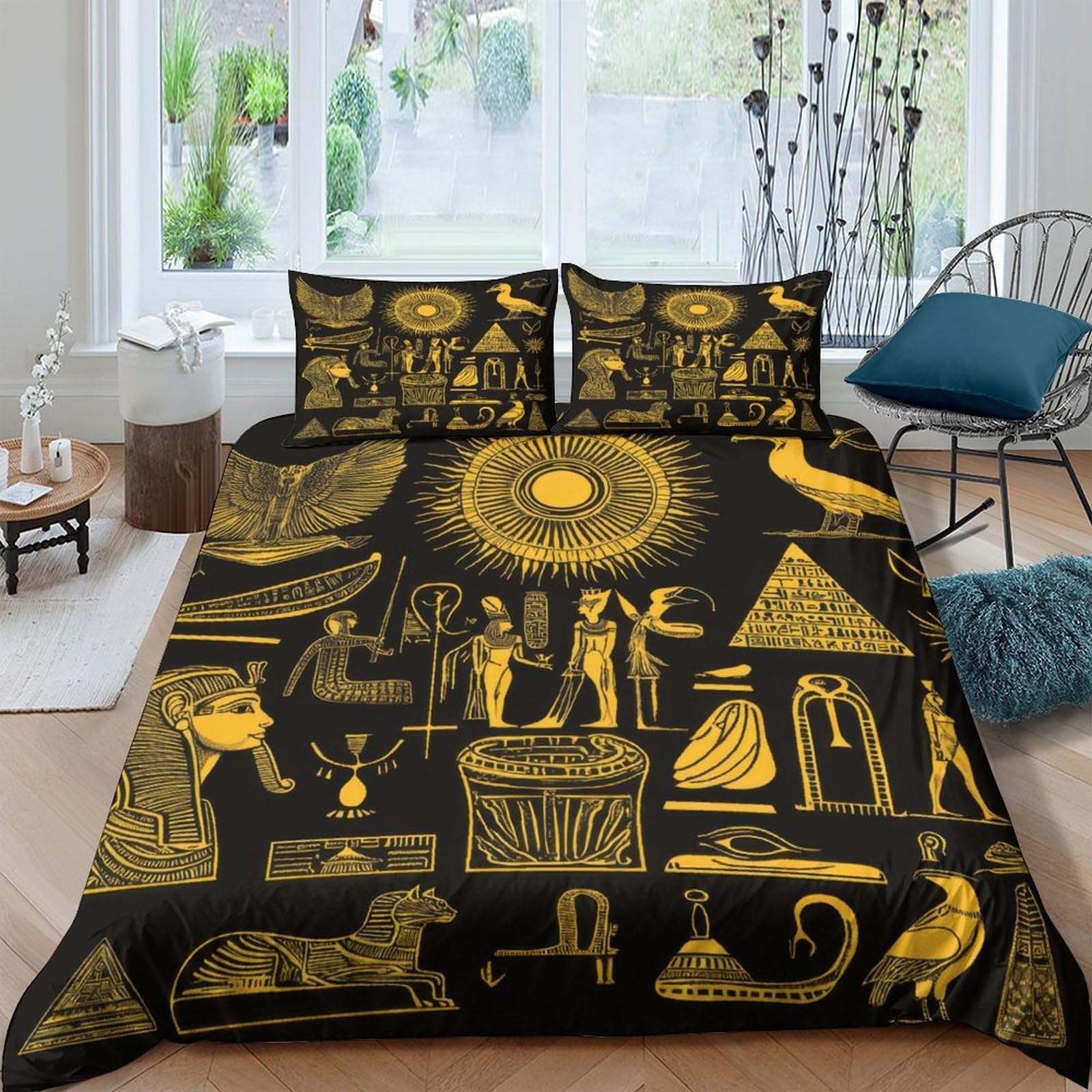Ctjqhvkz Style-5 3D Printed Egyptian Art Fitted Sheet Microfiber Gold Black Pyramid Mattress Cover Slip Resistant Machine Washable Bedroom Decor Single（135X200cm）