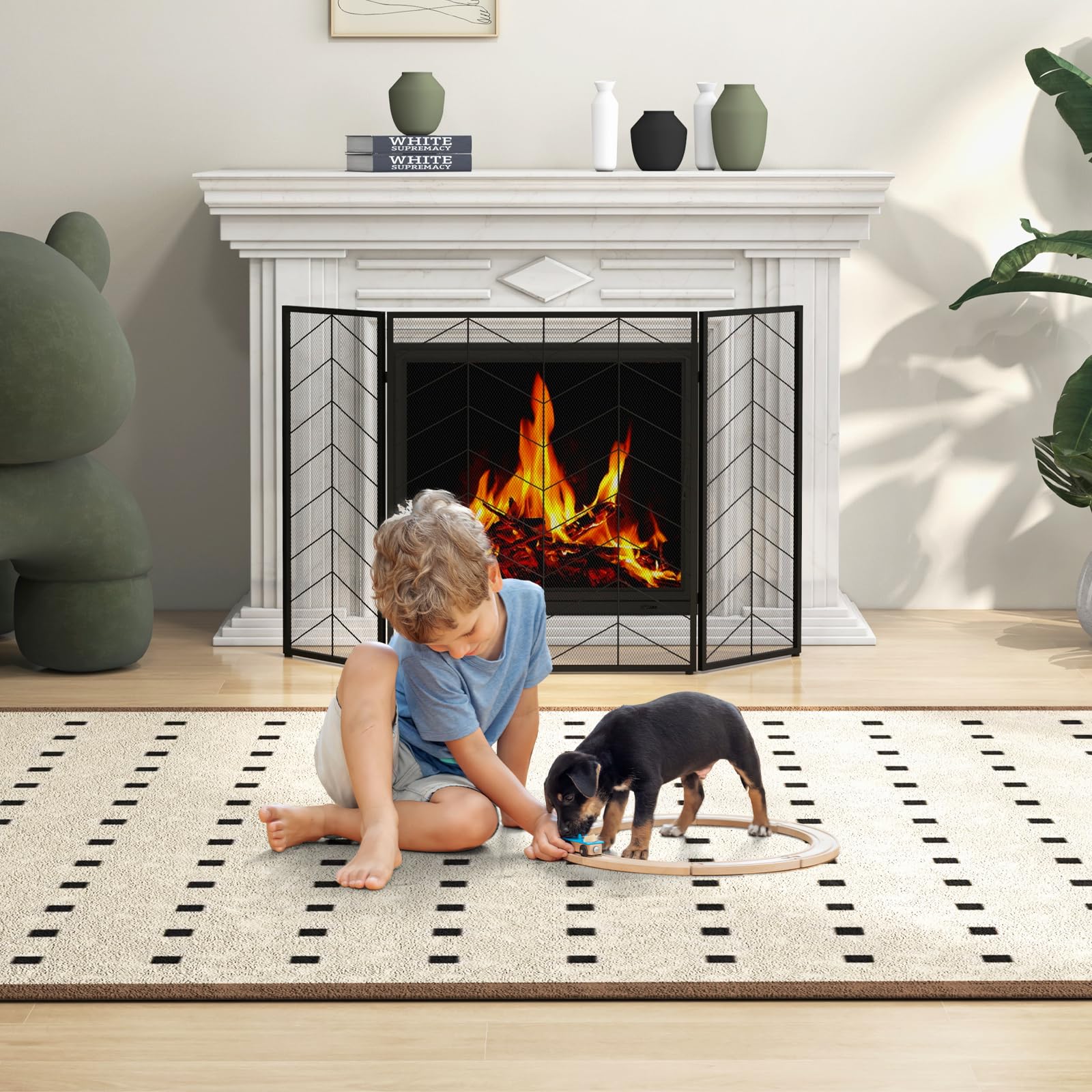 GOPLUS Chispas de metal, 3 piezas, rejilla de protección contra chispas con patrón, plegable, para chimenea, decoración del hogar, 132 x 79 cm, color negro (con patrón de líneas)