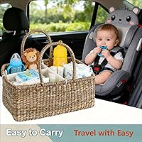 Vista 3 de Organizador de pañales de mimbre para bebé, cesta tejida de hierba marina con asas, cesta de pañales con divisores (rectangular)