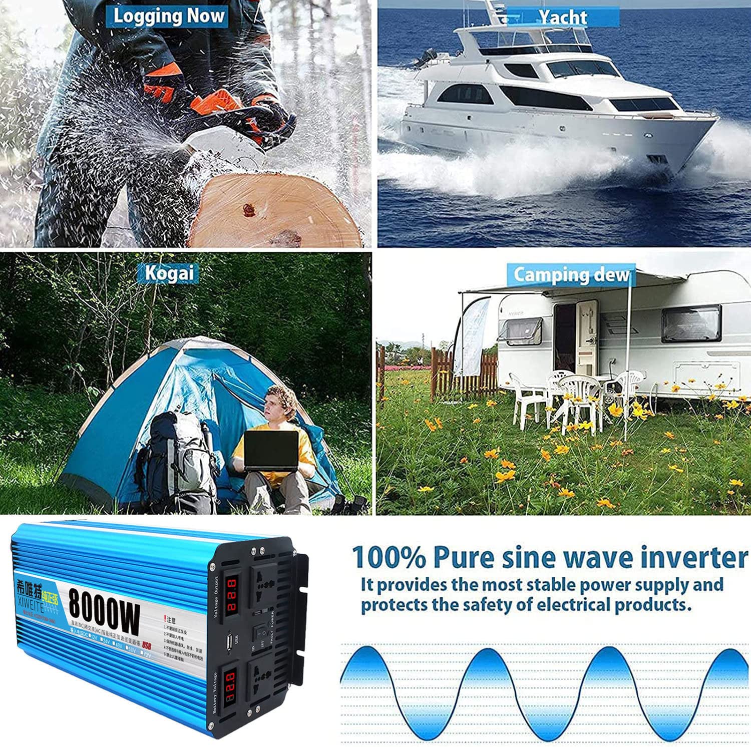 6000 W 7000 W 8000 W 9000 W 10000 W High Power Czysta fala sinusoidalna Przetwornica mocy DC12V/24V na AC 220V z podwójnymi gniazdami AC i wyświetlaczem LED do ciężarówki RV, łodzi,10000W-12Vto220V