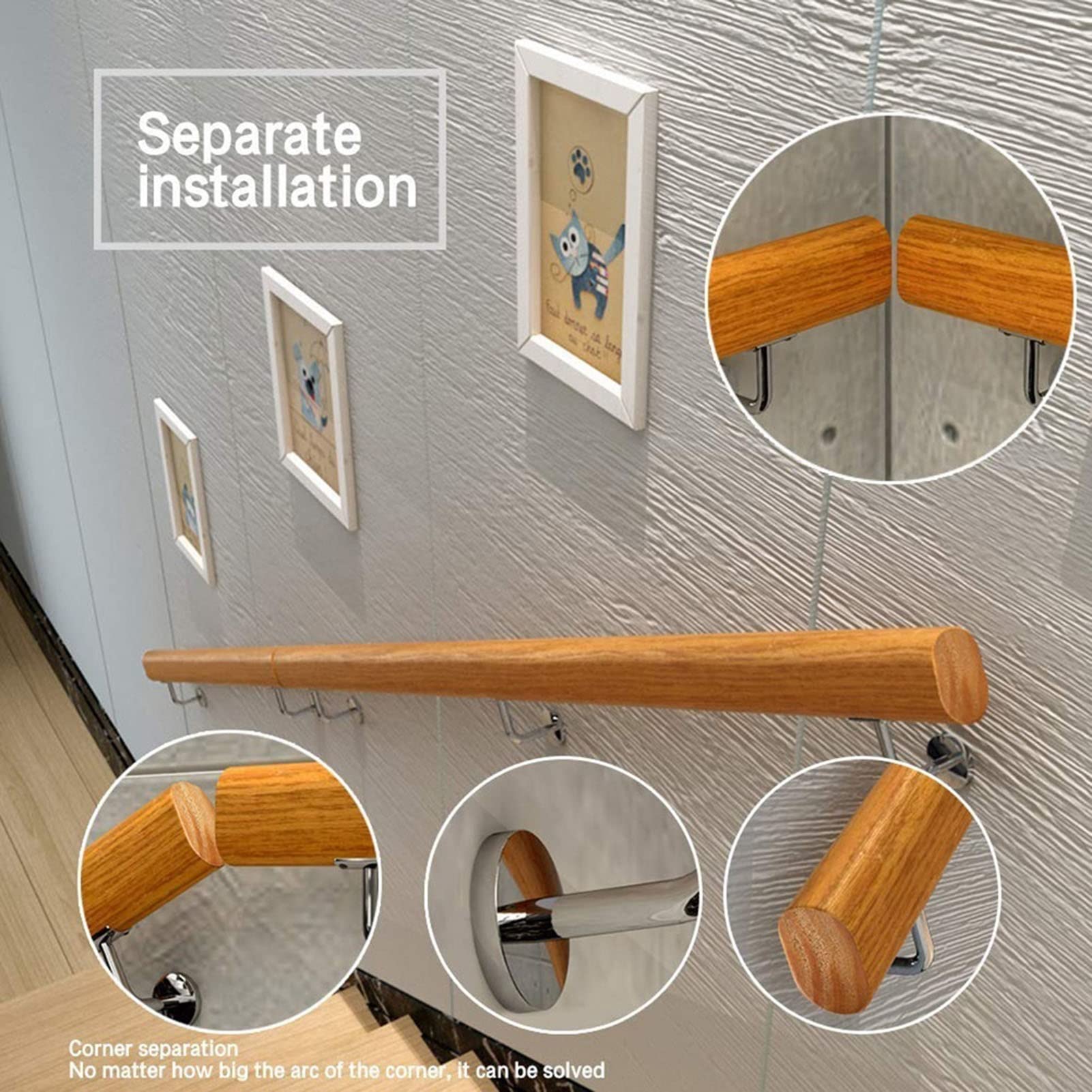 Barra de agarre de madera antideslizante de 4 pies para la seguridad del hogar y las personas mayores, soporte de barandilla interior duradero con soporte de metal, ideal para necesidades de loft y