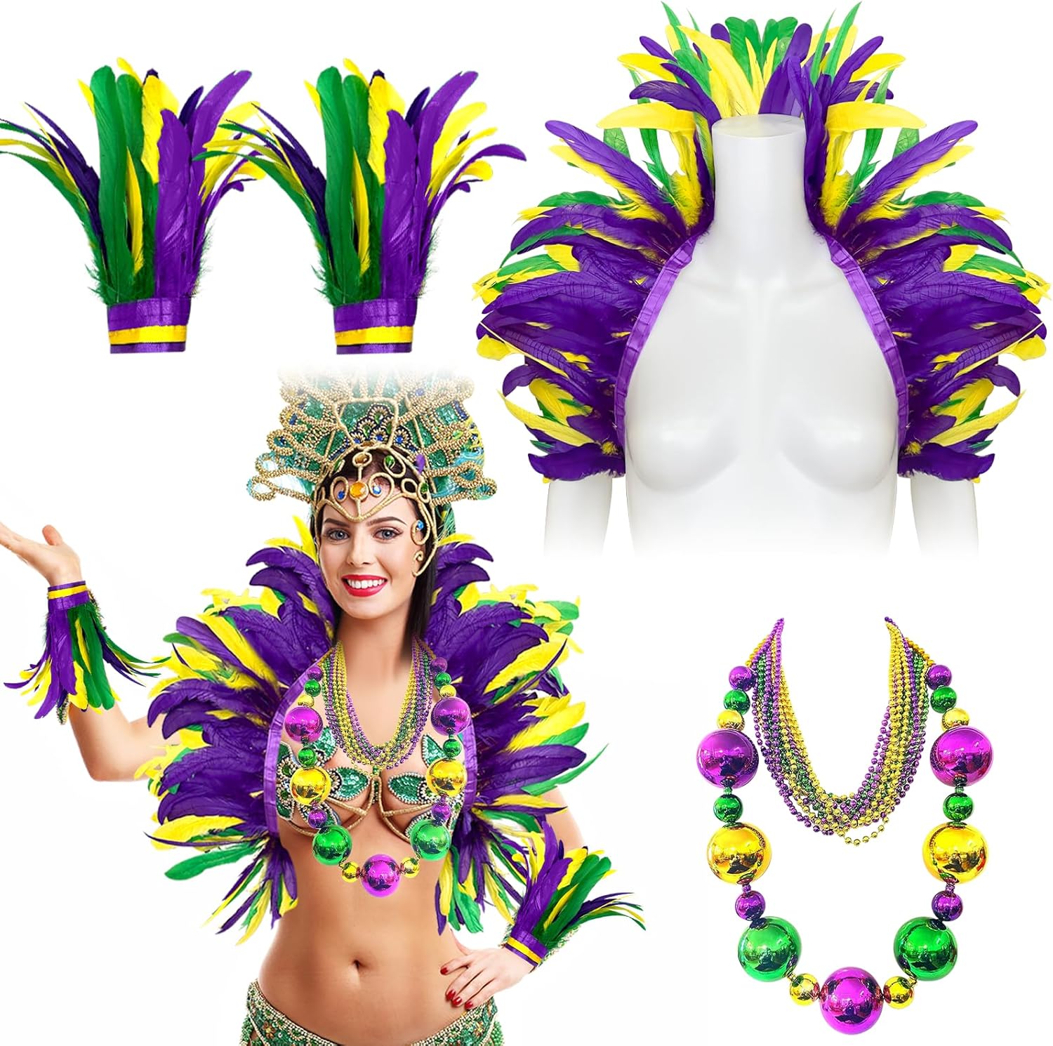13 Pcs MardiGras Outfits for Women Carnival Include Feather Boa Feather Wrist Cuff Jumbo Ball Bead Necklaces for MardiGras Women Masquerade Carnival Concert Party