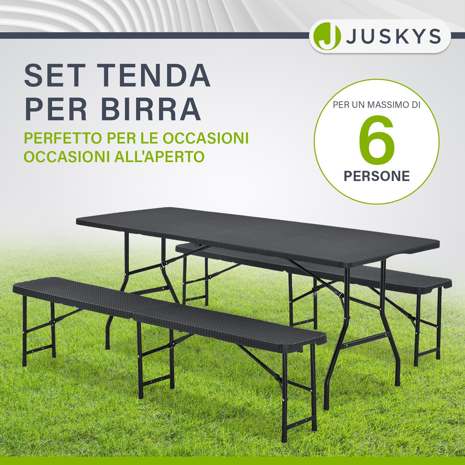 Juskys Set tenda da birra Amberg 3 pezzi e pieghevole - 180 x 74 x 74-2 panche da birra e tavolo da birra in stile rattan Set mobili da giardino Set tendone da campeggio