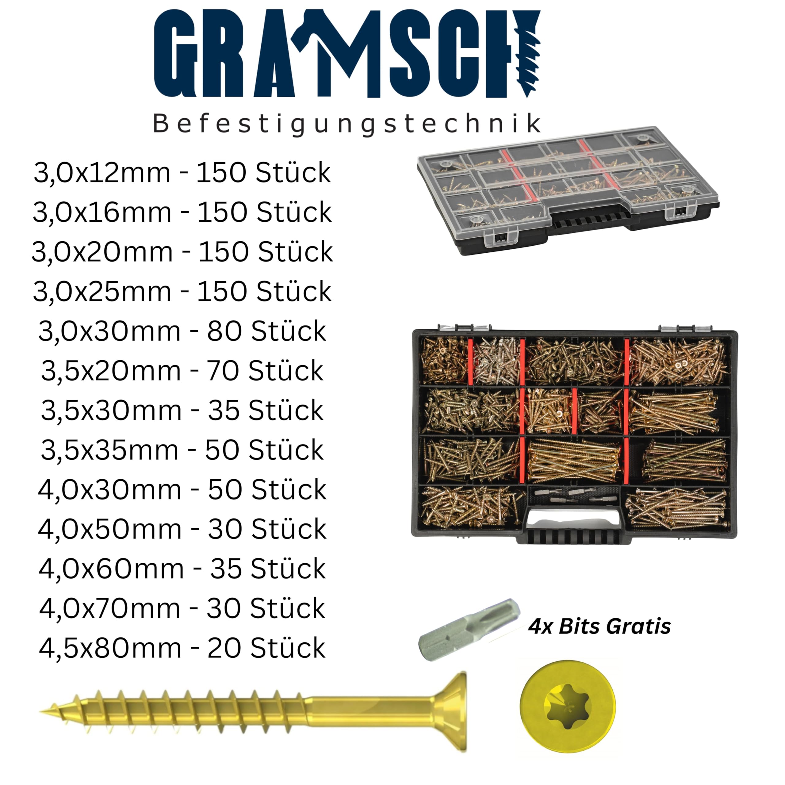 Holzschrauben Set XXL Sortiment, 1000-teilig, Torx Antrieb, Spanplattenschrauben 3x12 bis 4,5x80mm inkl. Bits Premiumqualtiät