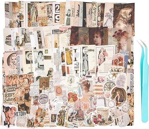 Aromoty 260 piezas de calcomanías de arte vintage para álbumes de recortes, calcomanías estéticas washi, kit de papel para diarios de bala basura