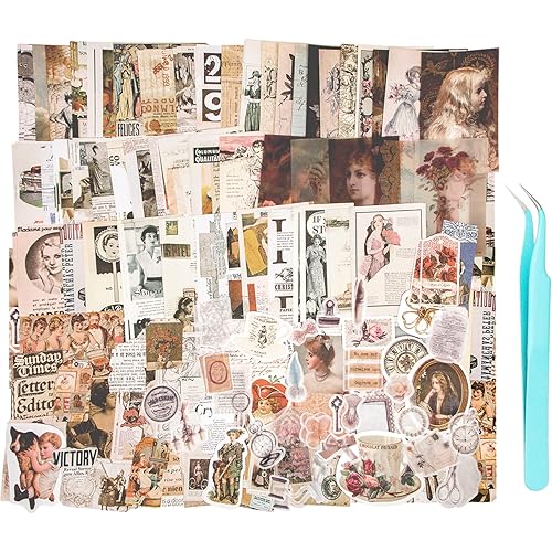 Aromoty 260 Pieces Vintage Art Scrapbooking Supplies Stickers,Aesthetic Washi Stickers Paper Kit Stationary Junk Bullet Journals,Daily Planner,DIY Craft Tweezers Cottagecore Decor Gifts