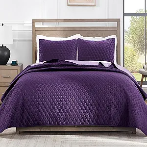 Exclusivo Mezcla Reversible King Size Quilt Bedding Set with Pillow Shams, Lightweight Quilts King Size, Soft Bedspreads Bed Coverlets for All Seasons - (Deep Purple, 104"x96")