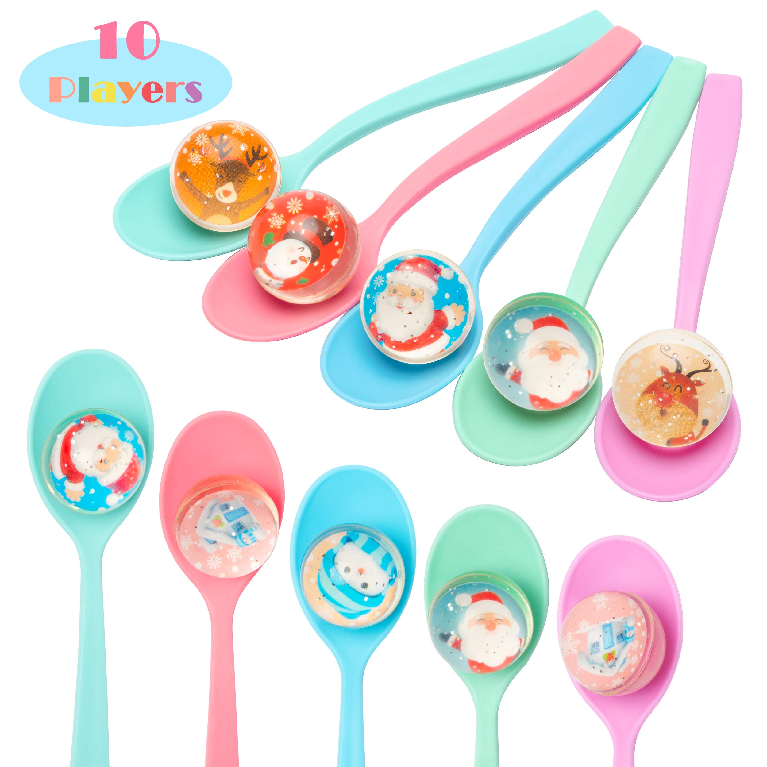 WATINC 20pcs Christmas Party Games for Kids, Egg and Spoon Race Game with 10 Xmas Theme Patterns Balls and 10 Spoons for Multiple Players, Classic and Funny Family Game Kids Party Games Decorations