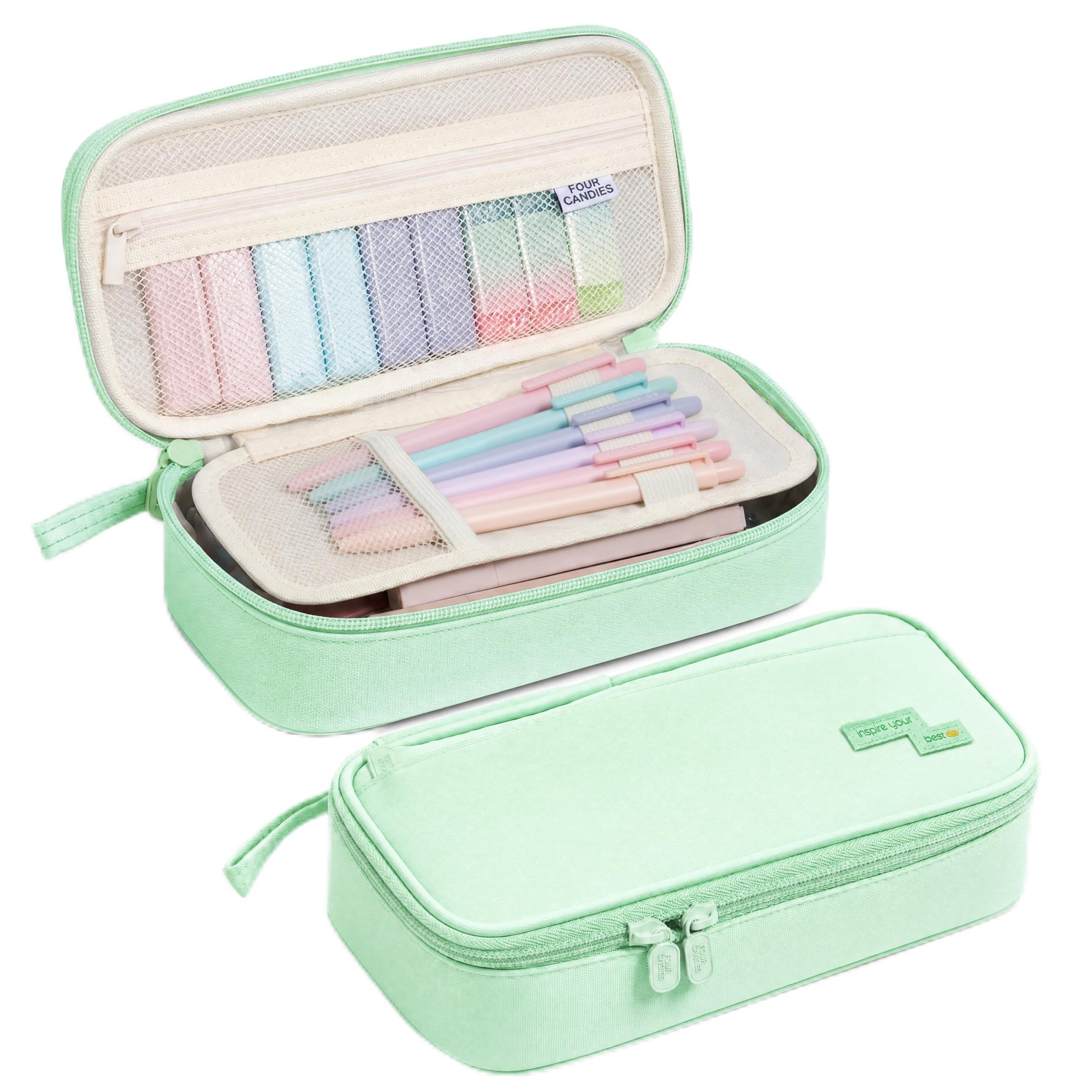 Four Candies Large Pencil Case, 5 Compartments Pen Organizer, Big Capacity Canvas Pencil Pouch Bag for School Supplies, Portable Stationery Holder for Teen Girls, Women (Peppermint Green)
