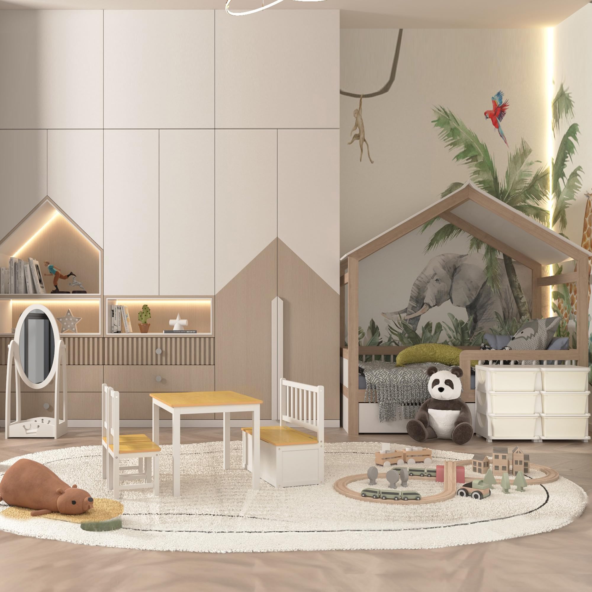 HOMCOM Mesa Infantil con 2 Sillas y Banco con Almacenaje Blanco y Natural | Mesa y Sillas Infantiles de 4 Piezas, Juego de Muebles para Actividades, para Niños de +3 Años, Dormitorio Sala de Juegos