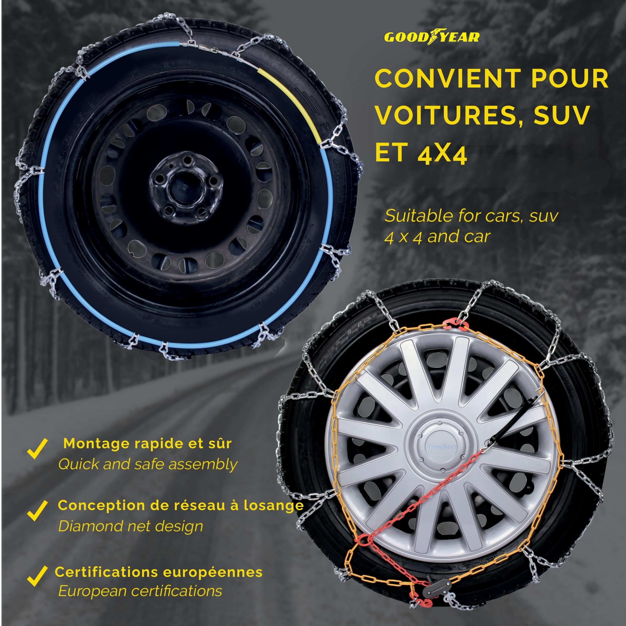 Goodyear 77930 "12mm" Chaines à neige 12 mm, Taille 225, Convient pour les SUV, véhicules utilitaires, 4x4, Homologation TUV et ÖNORM