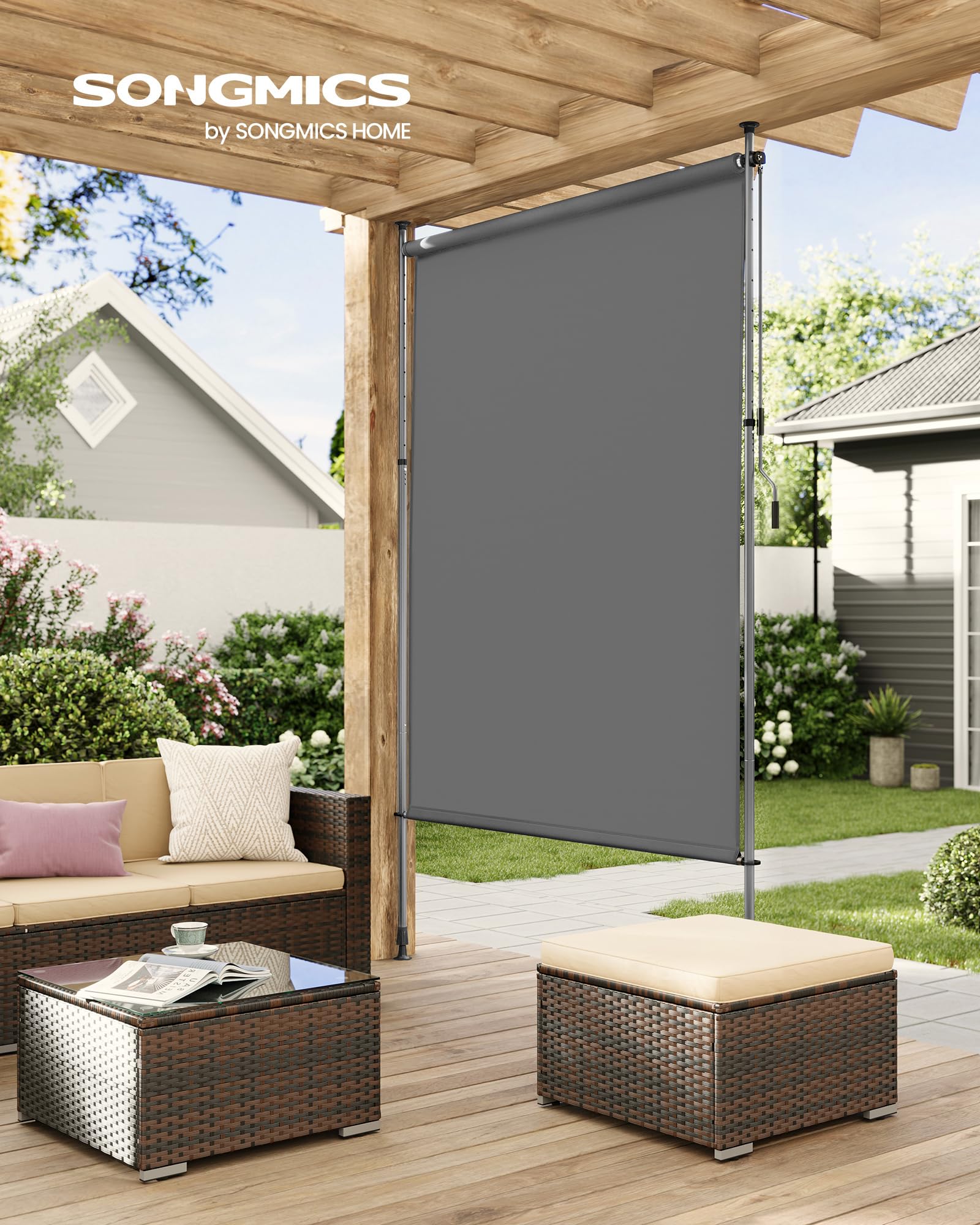 SONGMICS Senkrechtmarkise, höhenverstellbar, 200 x (220-300) cm, kein Bohren erforderlich, Vertikalmarkise für Terrasse, Balkon mit Markisenkasten, UPF 50+, Sichtschutz, anthrazitgrau GSA0020G01
