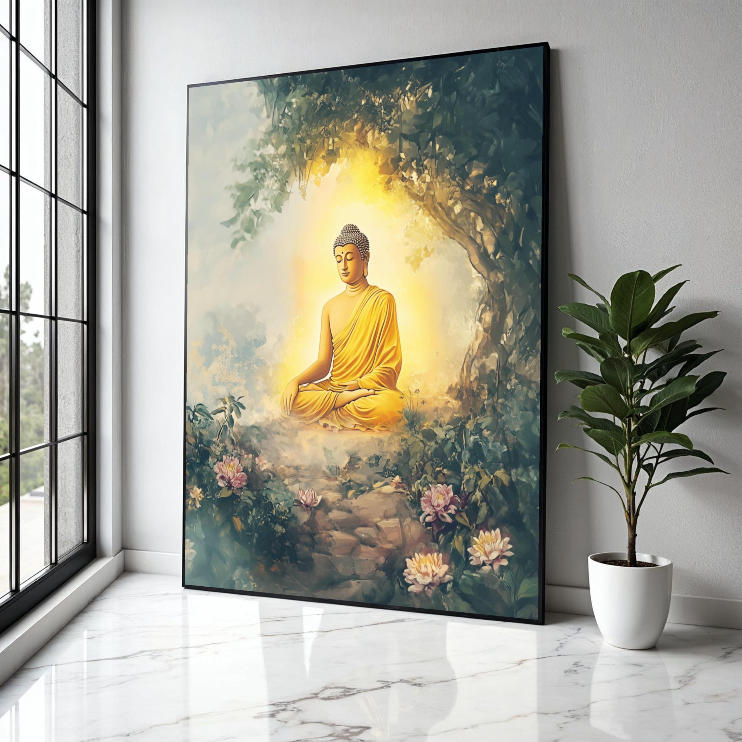 YUSUZHU Meditating Buddha in Tranquil Garden, Spiritual Canvas Wall Art, Zen Home Decor, Buddha Illustration, Posters Painting(21x30cm/Frameless)