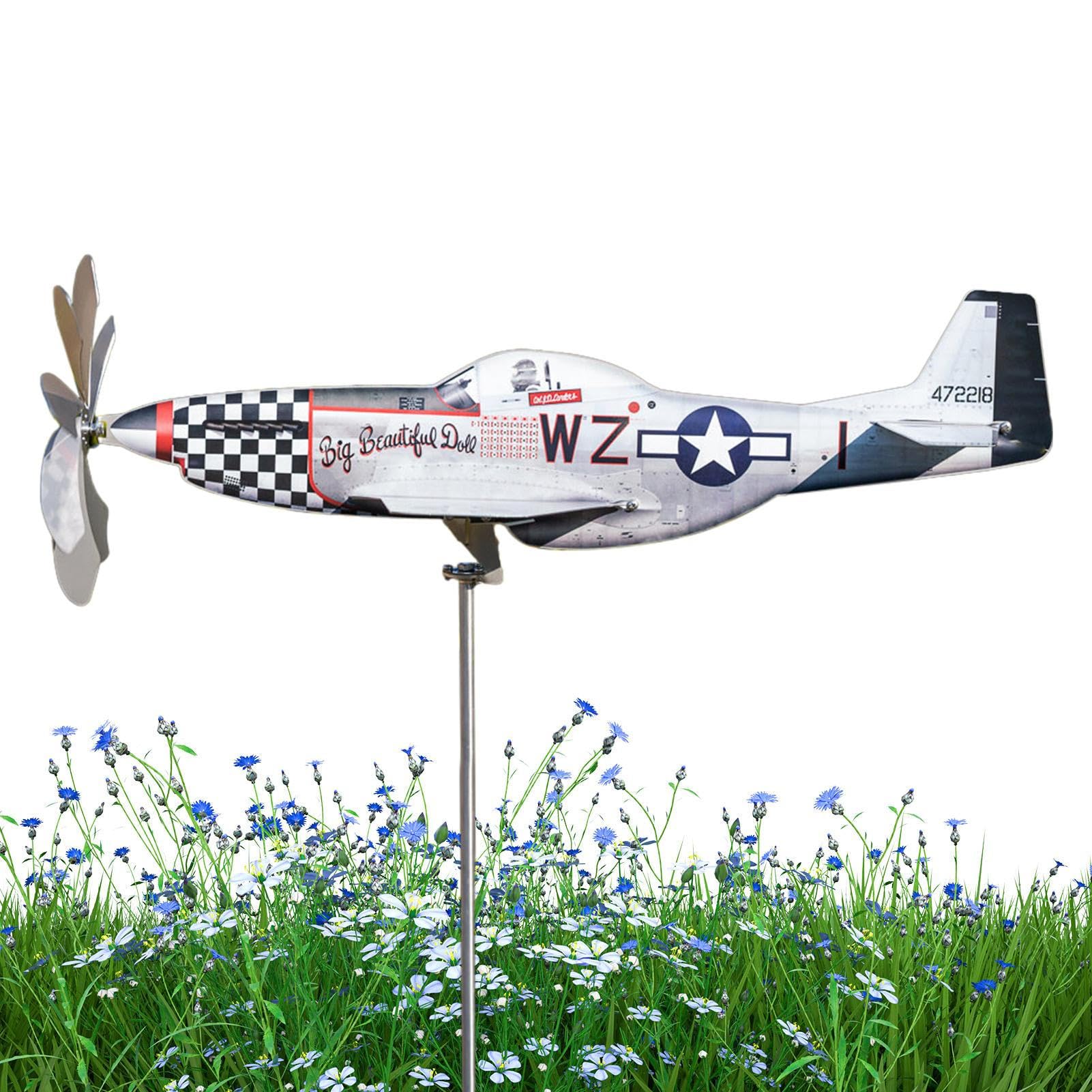 Higyee White Funny Airplane Wind Spinner - Metal Garden Airplane Windmill With Stake | Stainless Steel Outdoor Airplane Wind Sculpture Airplane Wind Catchers Garden Decoration