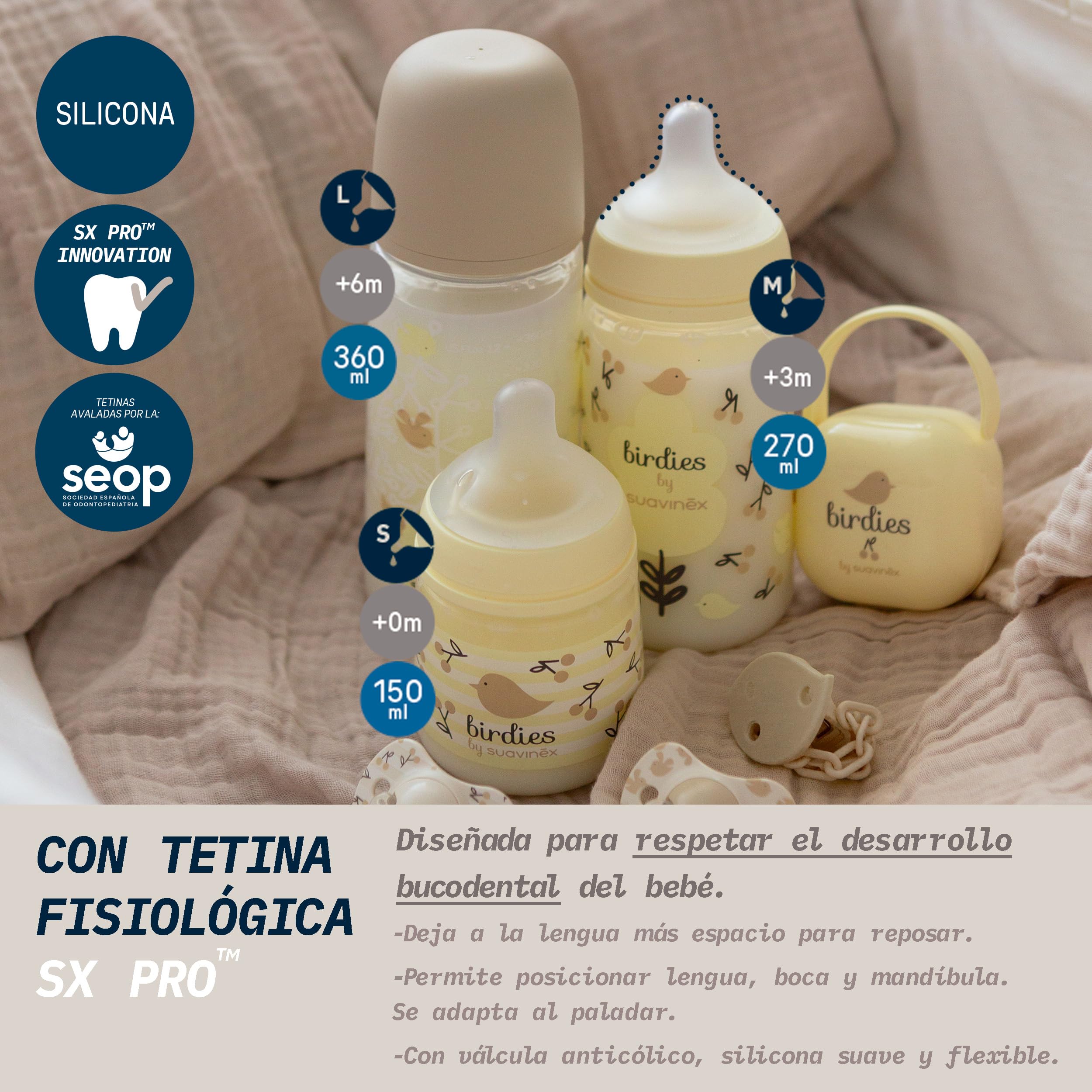 Suavinex, Confezione 2 Biberon da 270 ml, Tettarella Simmetrica SX Pro in Silicone con Valvola Anticolica, Flusso Medio, Liquido Densità Media, Latte, Succhi, Acqua. ​+3 Mesi.Birdies, Wild&Free, Beige