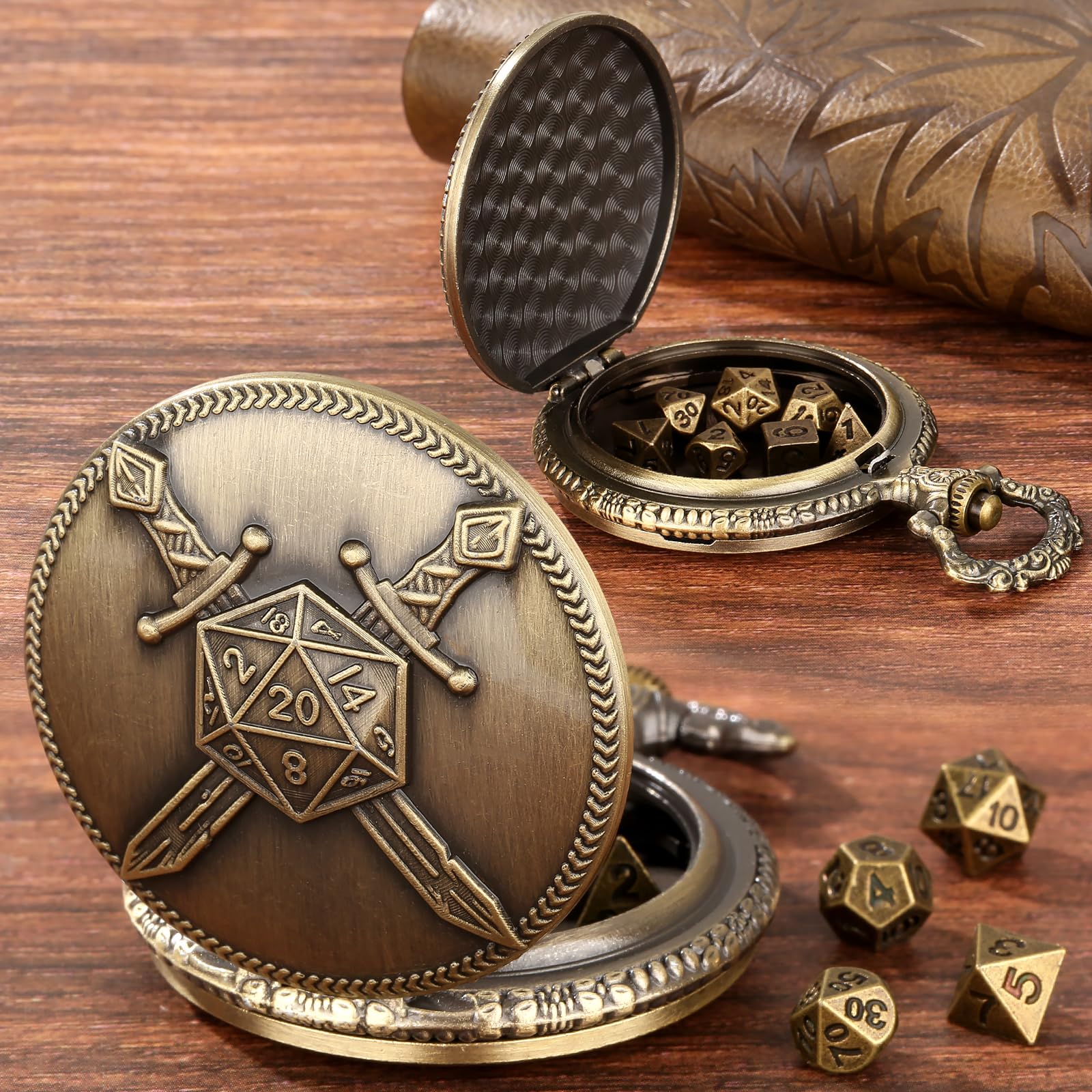 Mini DND Dice Set including Bronze Fighter Double Swords Pocket Watch Case, Gift with D&D Dice Bag - Image 2