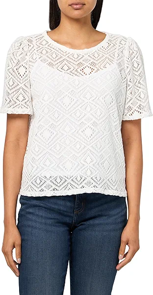 Anne Klein Women's Puff Diamnd Lace Ss Jwl Nk Tee