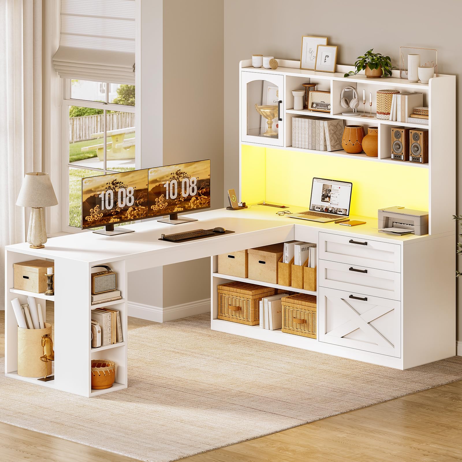 SEDETA Farmhouse 61” L Shaped Office Desk with Drawers, Storage Shelves