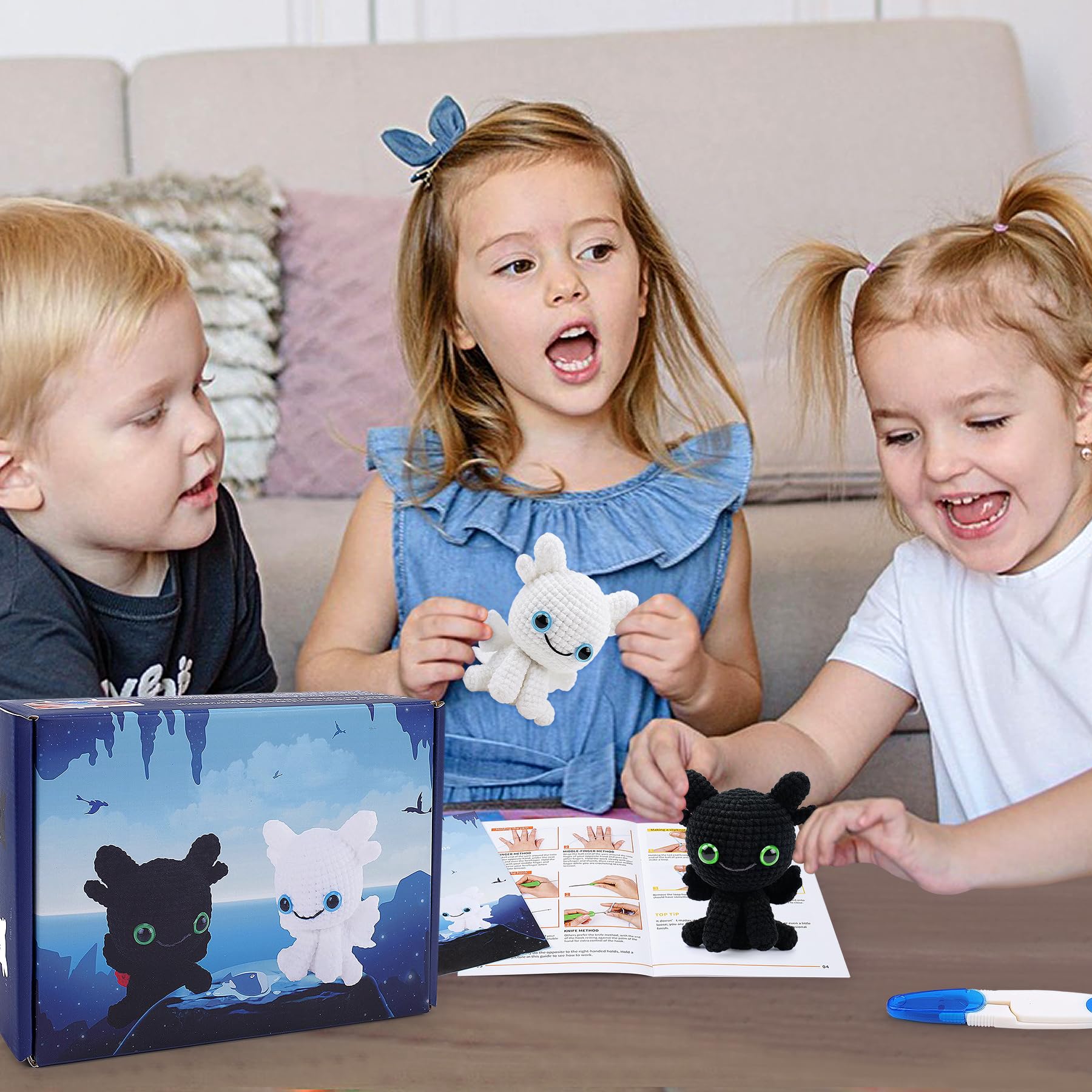 Kit De Crochet Dragon Pour Débutants, Kit De Crochet En Forme D'animal Dragon Noir Et Blanc Avec Tutoriels Vidéo étape Par étape, Kits De Crochet En Peluche Pour Enfants Et Adultes