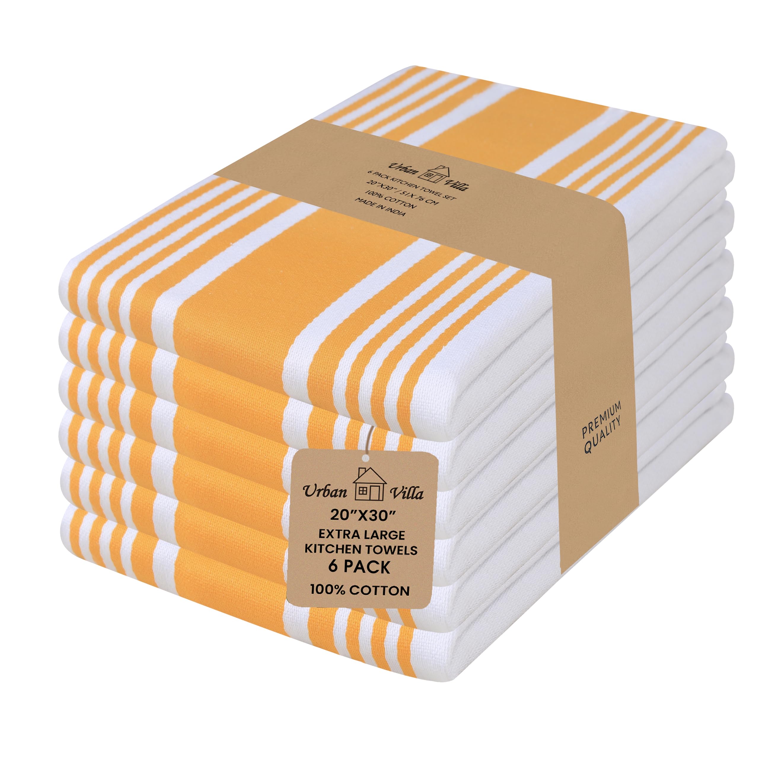 Urban Villa Kitchen Towel Set of 6 Mango Yellow White Trendy Stripes 20x30 Inches Premium Cotton Kitchen Towel, Highly Absorbent Quick Drying Soft Dish Towels for Kitchen with Hanging Loop Wash Cloths