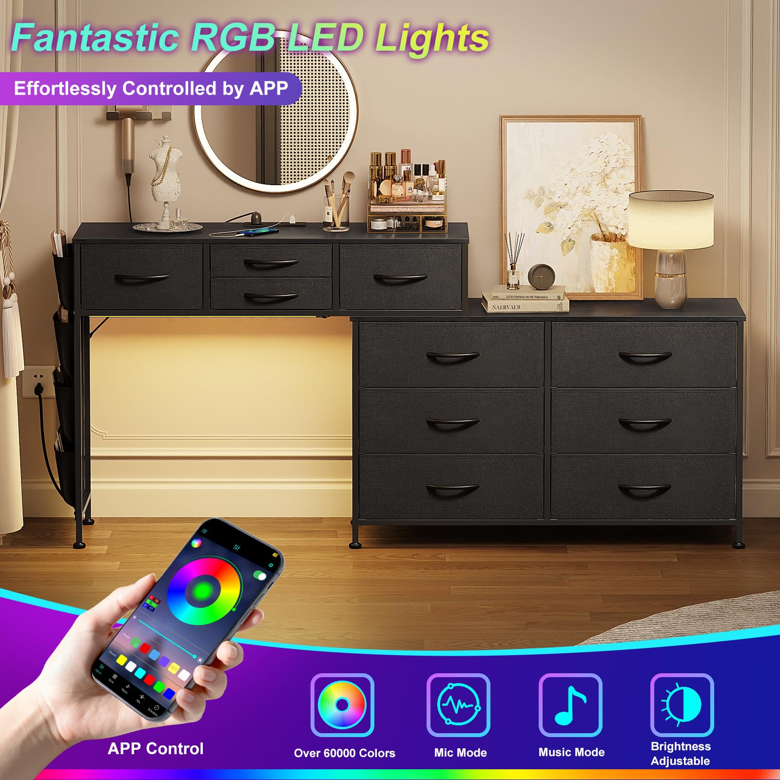 Cómoda de 170 cm con estación de carga y luz LED, mesa de tocador giratoria con 10 cajones de tela y bolsillos laterales, mesa de maquillaje moderna para oficina en casa, gris negro