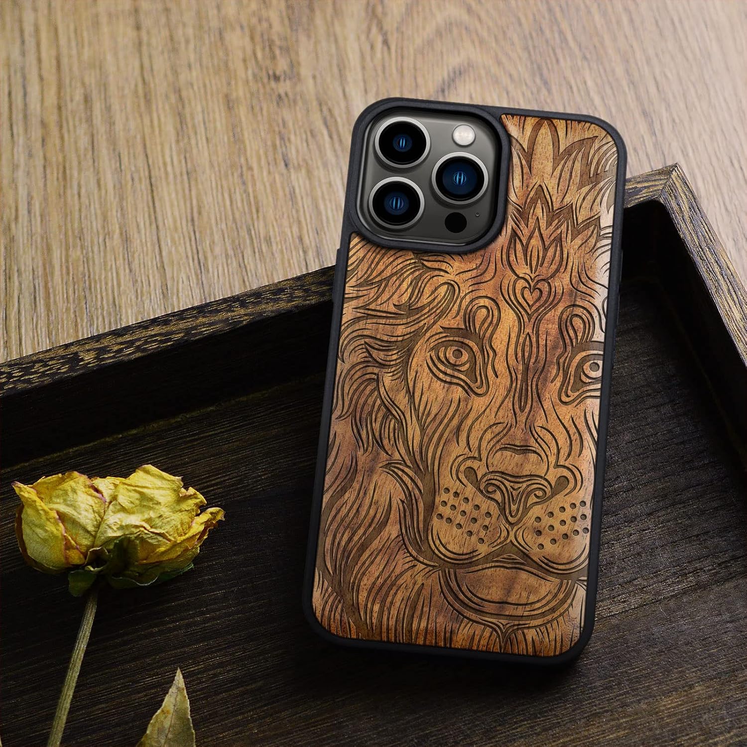 Carveit Magnetic Wood Case for iPhone 14 Pro Max [Natural Wood & Black Soft TPU] Unique & Classy Wooden Shockproof Protective Cover Compatible with magsafe (Lion in Aztec Style -Walnut)
