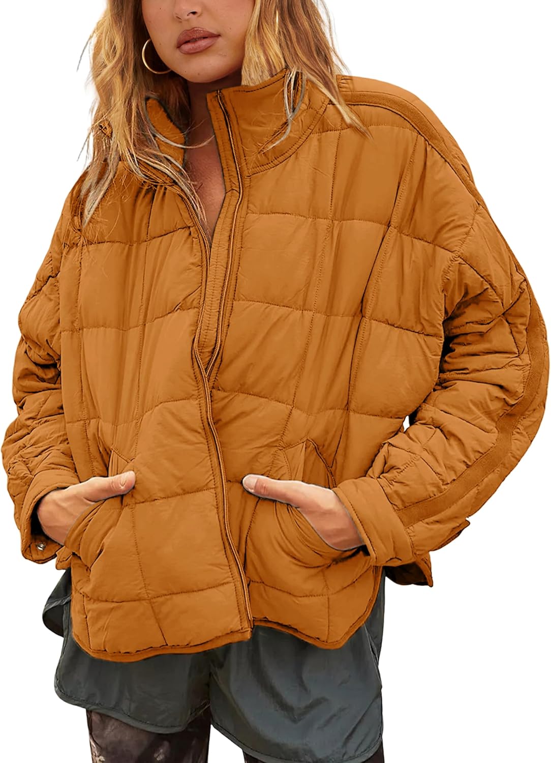 Bianstore Women's Oversized Splice Quilted Lightweight Puffer Jacket Casual Padded Coat