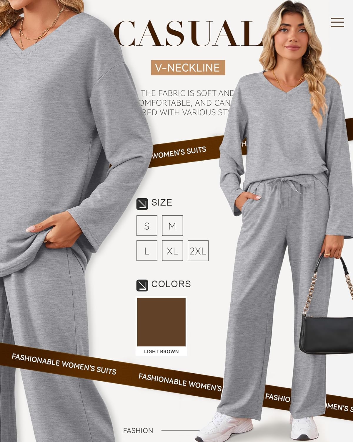 2 Piece Women's Sweatsuit, V Neck Oversized Tracksuit Wide Leg Pant Fall Lounge Set Long Sleeve Sweatshirts Outfit - Image 5