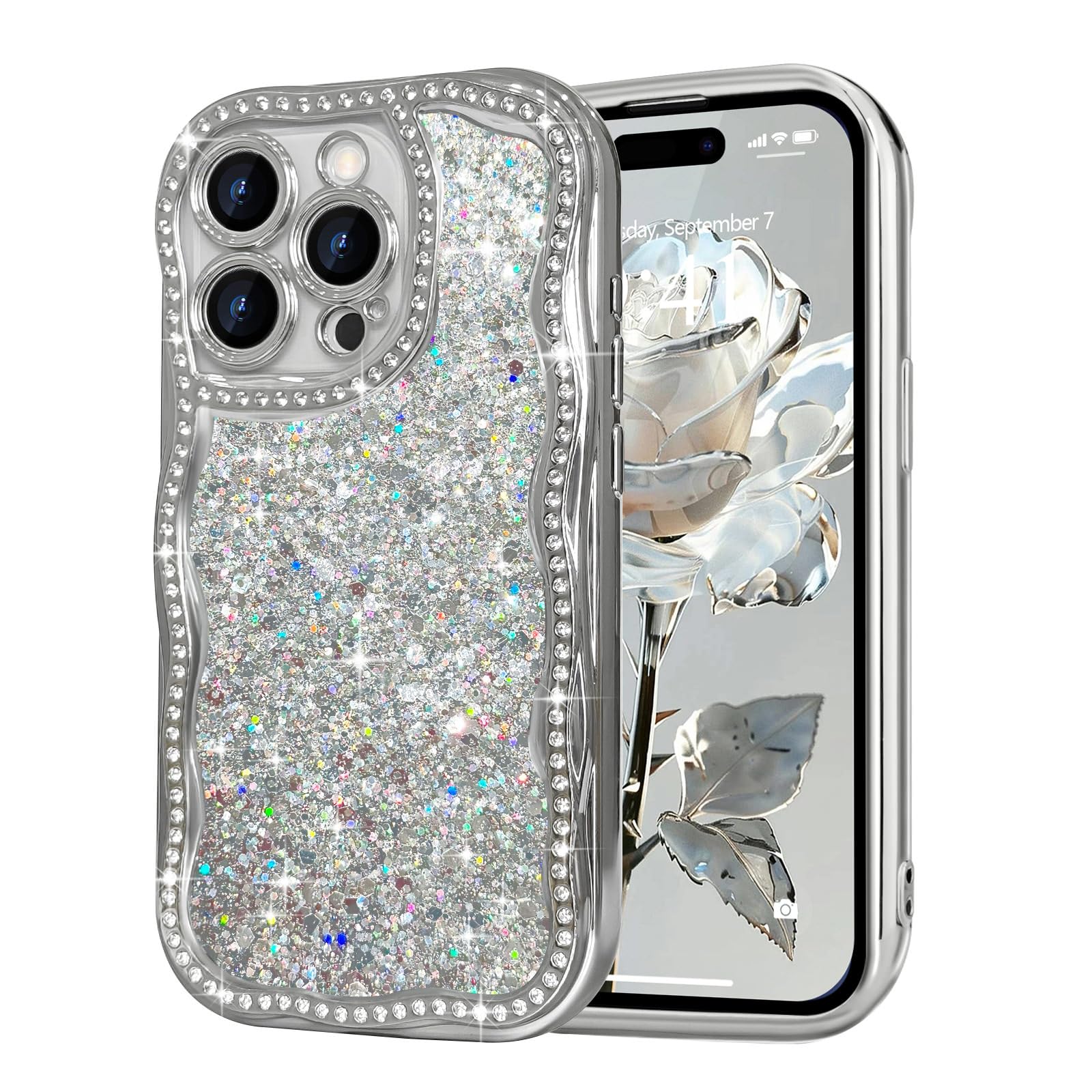 for iPhone 15 Pro Case Glitter, Bling Sparkle Cute Curly Wavy Design Crystal Shiny Diamonds Rhinestones Cover for Women Girls, Luxury Plating