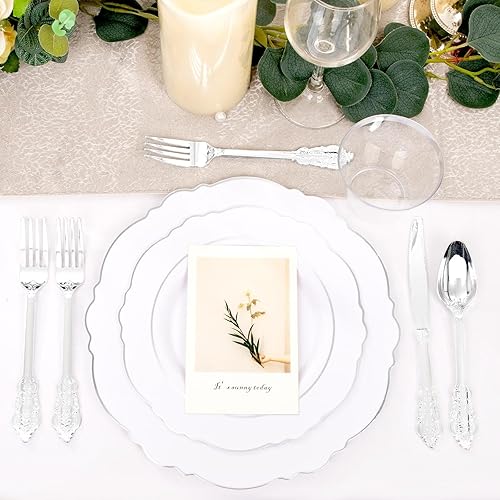 Miniatura 5 de 350 platos de plástico plateado con cubiertos desechables y vasos, incluyen 50 platos llanos de 10.25 pulgadas, 50 platos de postre de 7.5 pulgadas,